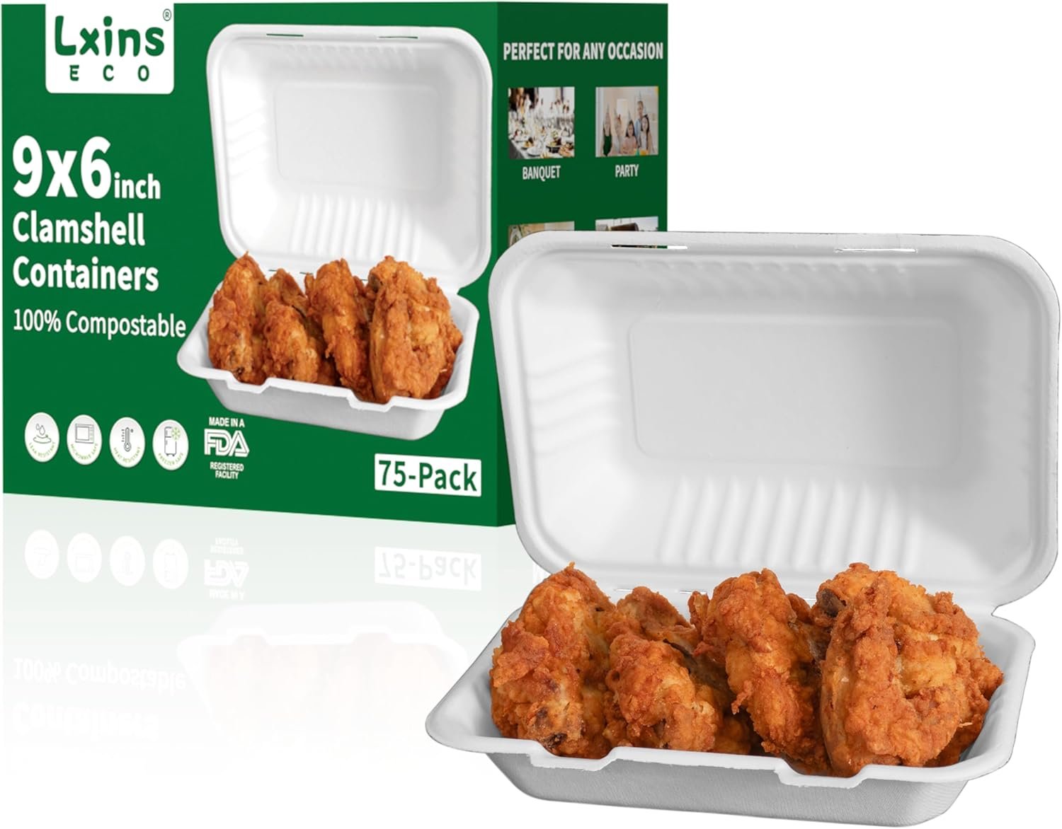 Contenedores desechables para llevar 9x6 pulgadas【75 paquetes】, cajas de comida compostables Bagasse con tapas, marca blanca ideales para almuerzos, ensaladas, preparación de comidas, proveedor confiable.