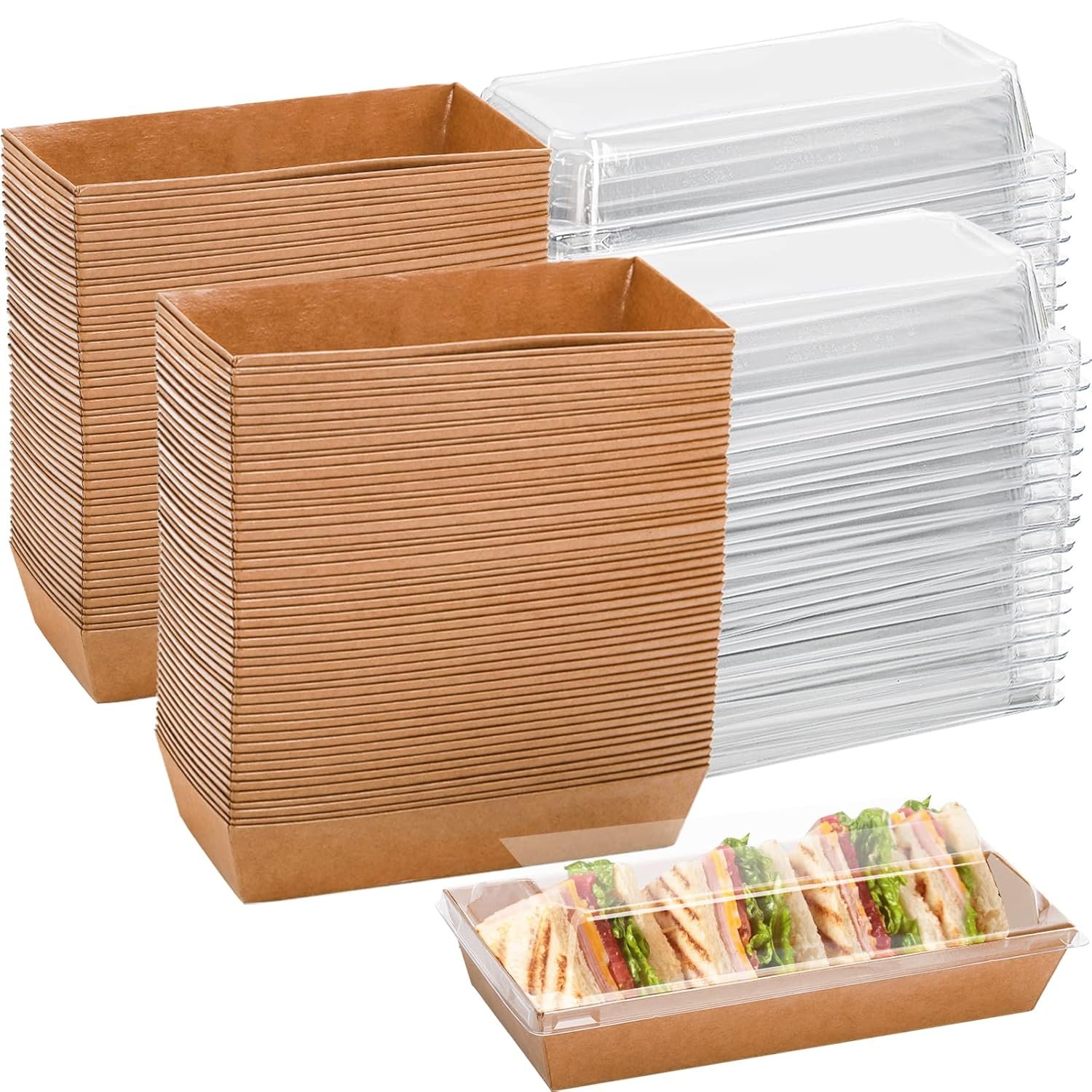 Contenedores desechables para sándwiches con tapas transparentes 100 unidades, cajas rectangulares para pasteles suizos, sushi para llevar, galletas, postres y panadería, marca blanca, proveedor especializado en soluciones para negocios de food trucks.