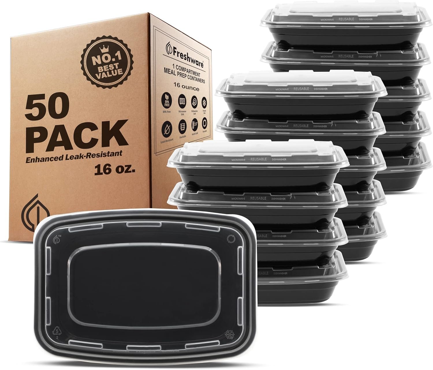 Contenedores para Alimentos Marca Blanca [50 Piezas] Recipientes de Almacenamiento de Comida de 1 Compartimento con Tapa, Caja Bento, Libre de BPA, Apilables, A prueba de Microondas/Lavavajillas/Freezer (16 oz) - Proveedor.