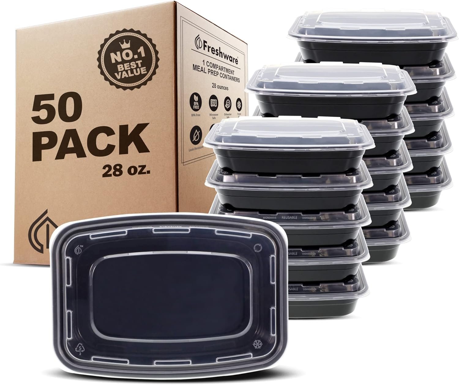 Contenedores para Preparación de Comidas 50 Pack 1 Compartimento con Tapas, Almacenamiento de Alimentos, Box Bento, Sin BPA, Apilables, A Prueba de Microondas/Lavavajillas/Congelador (28 oz) - Marca Blanca - Proveedor Fábrica.