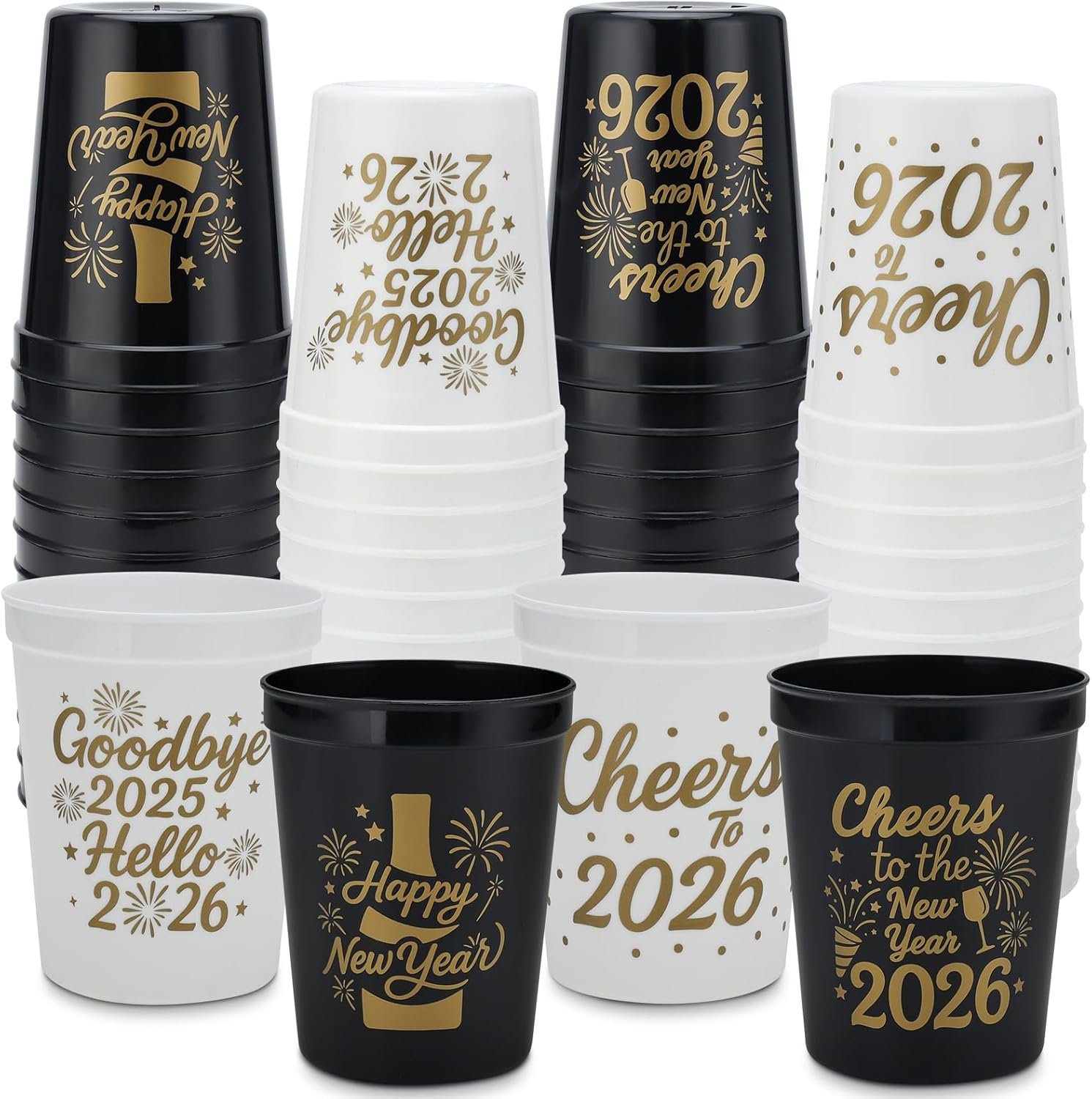 Copa de Fiesta de Año Nuevo 2026 - Paquete de 20 Tazas de Plástico Reutilizables de 16oz, 4 Diseños Festivos para Celebraciones de Fin de Año y Otras, Logo Personalizado y Proveedor de Fábrica
