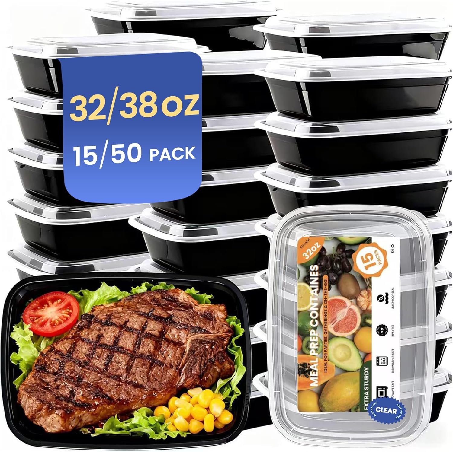 Logo Personalizado: 15 Pack de Contenedores de Comida de 32oz Reutilizables y Desechables, Almacenamiento de Alimentos con Tapa a Prueba de Filtraciones, Aptos para Microondas, Congelador y Lavavajillas, Marca Blanca de Proveedor.