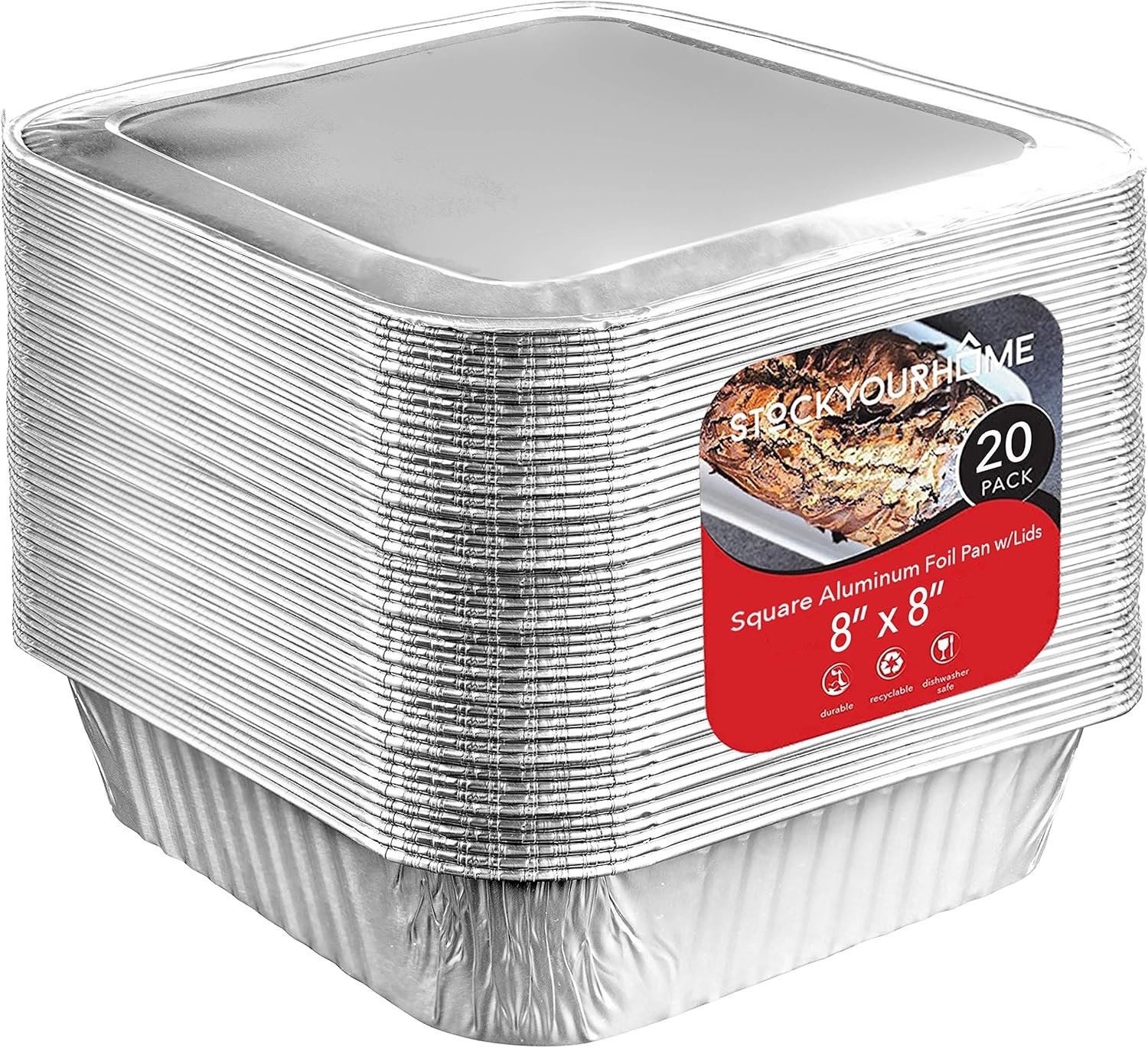 Logo Personalizado - 20 Paquetes de Bandejas de Aluminio Desechables de 8x8 Pulgadas con Tapa, Ideales para Hornear, Cocinar, Calentar, Almacenar y Preparar Alimentos - Marca Blanca de Proveedor