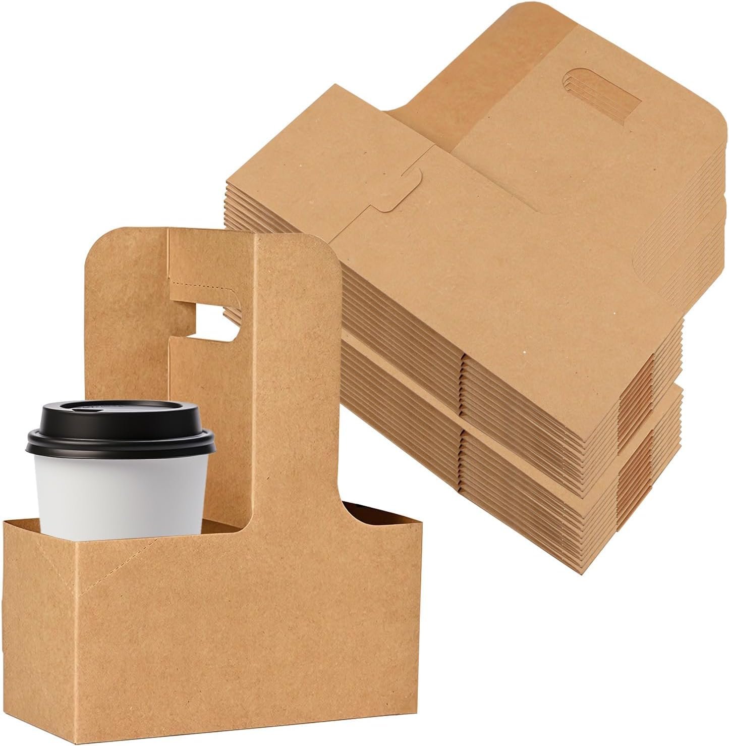 Logo Personalizado 20 Piezas Portavasos Desechables con Asa para Delivery, Porta Taza de Papel Kraft Colapsable para Bebidas Calientes o Frías, Marca Blanca de Proveedor.