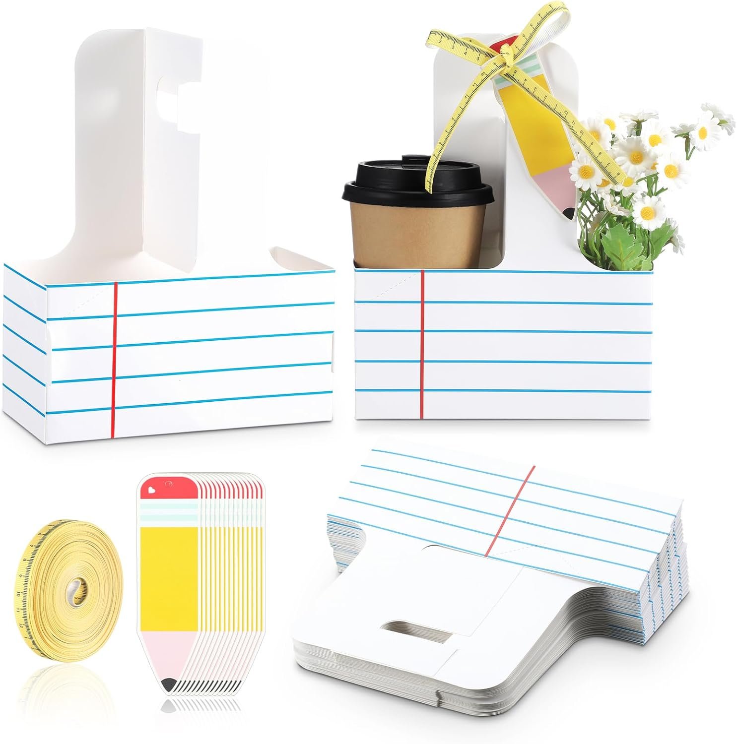 Logo Personalizado 24 Set de Regalos de Apreciación para Maestros, Porta Bebidas de 2 Tazas con Tarjeta de Felicitación y Cinta, Soportes desechables con Mango para Fiestas, Fabrica