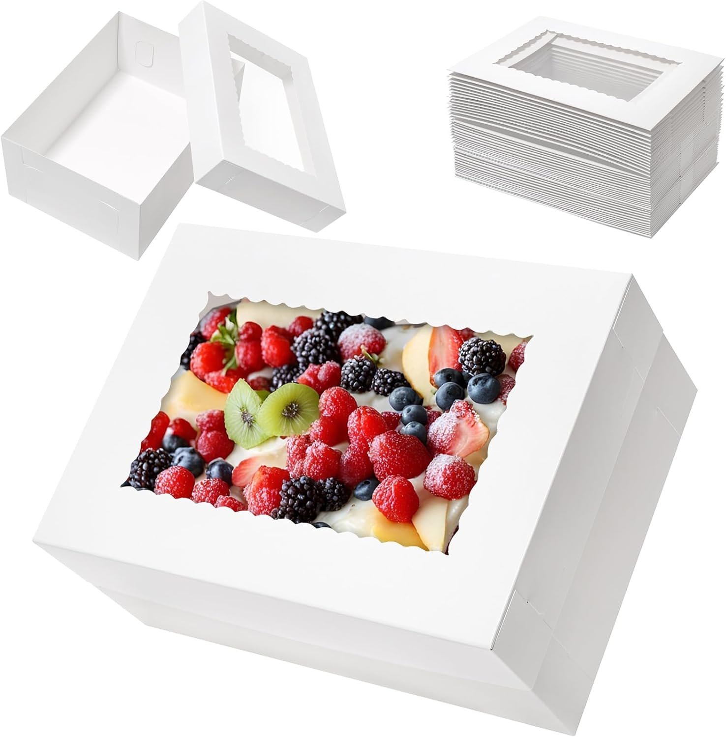 Logo Personalizado 25 cajas de pastel de 14x10x6 cm con ventana, cajas rectangulares para pastelería, ideales para tartas, cupcakes, donas, galletas y empaques de pie, Marca Blanca de alta calidad, Fabricante confiable.