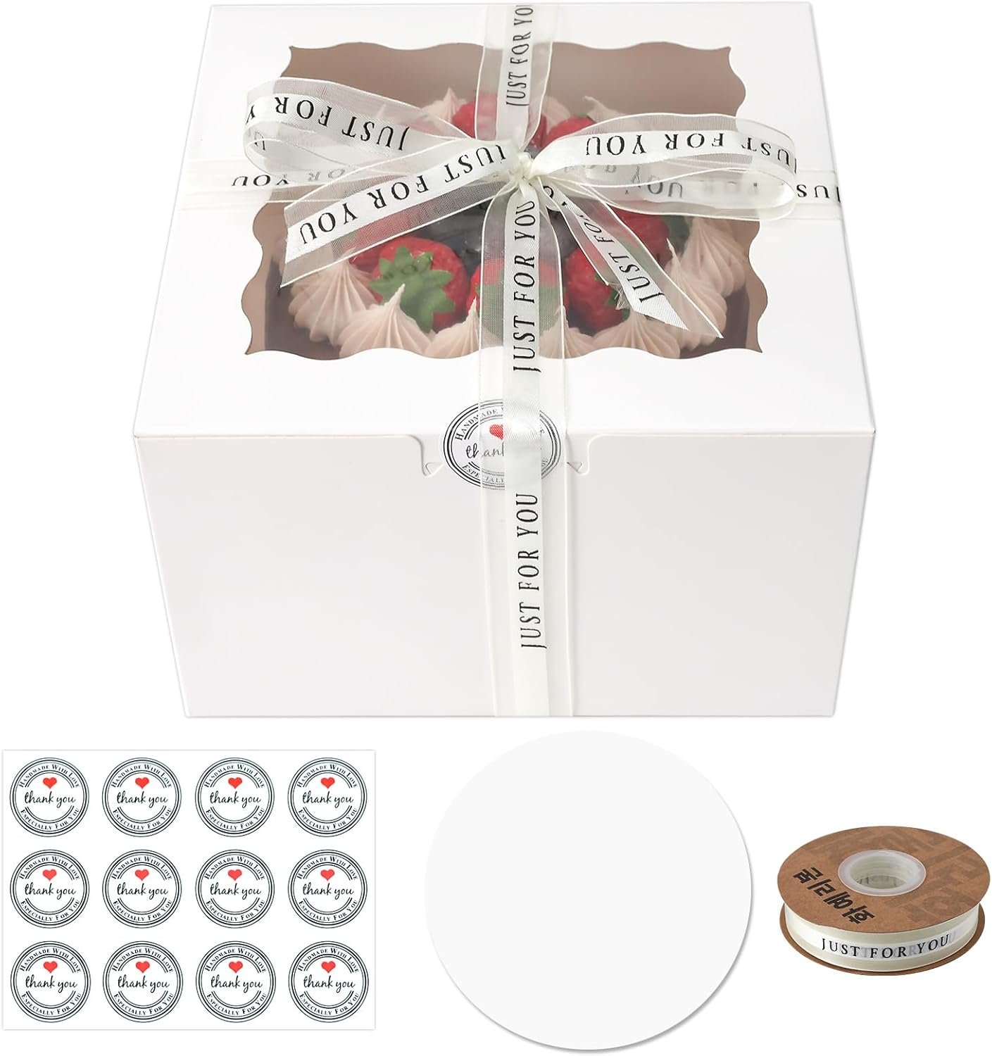 Logo Personalizado 28 Sets de Caja para Pasteles 8x8x5, Cajas Blancas con Ventana para Cheesecake y Pasteles, Contenedores Redondos de 8 pulgadas con Tapas para Pascua y Día de la Madre, Proveedor de Productos de Repostería.