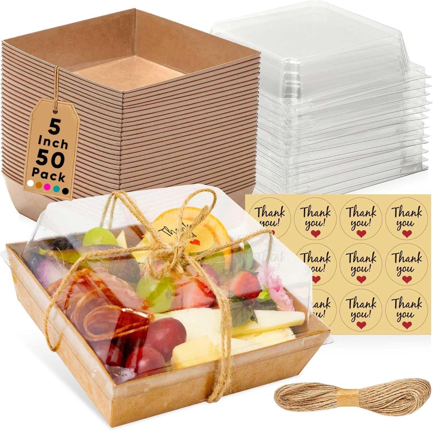 Logo Personalizado 50 Cajas de Charcutería Pequeñas con Tapa Transparente - Cajas de Papel para Llevar, Envases Desechables de Comida, Cajas de Postre de 5 Pulgadas - Sándwich, Galleta, Sushi, Porción de Pastel, Fresas (Marrón) Proveedor