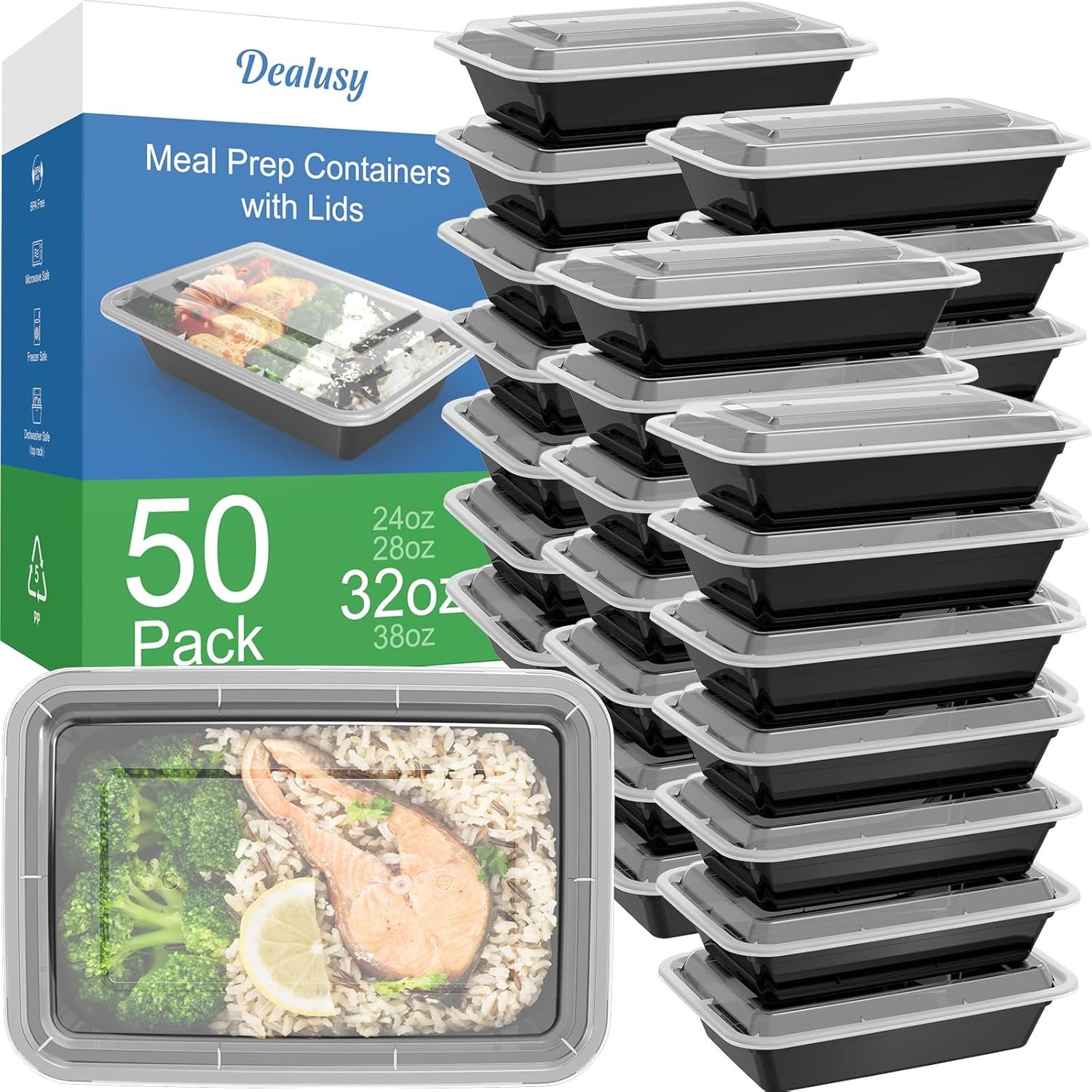Logo Personalizado 50 Pack (100 piezas) Contenedores de Preparación de Comidas de 32 oz Reutilizables con Tapas, Resistentes al Derrame y Seguros para Alimentos, Aptos para Microondas, Congelador y Lavavajillas, Almacenamiento de Comida para Llevar de Fábrica.