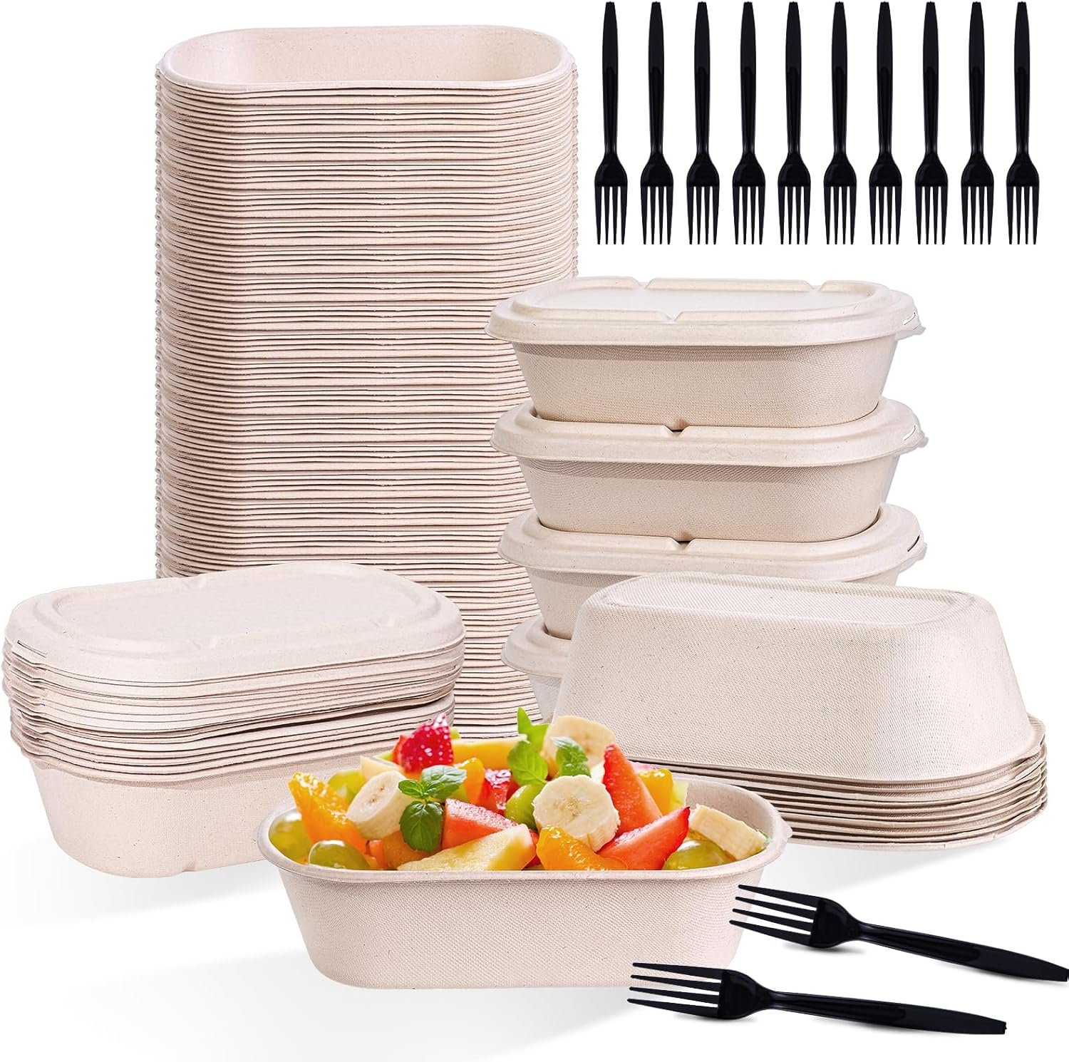 Logo Personalizado 50-Pack Contenedores de Comida desechables de 34 oz con tapas y tenedores, adecuados para microondas y horno, ideales para ensaladas, nachos y burritos, Marca Blanca de calidad en Fábrica.