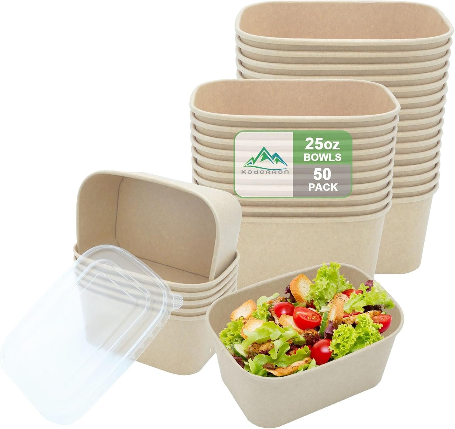 Logo Personalizado 50 Pack de 25 OZ Grandes Cuencos de Papel con Tapa, Contenedor Desechable Compostable, Cuencos Desechables a Granel Resistentes al Agua y Apto para Microondas para Uso Caliente/Frío, Proveedor de Soluciones Ecológicas.