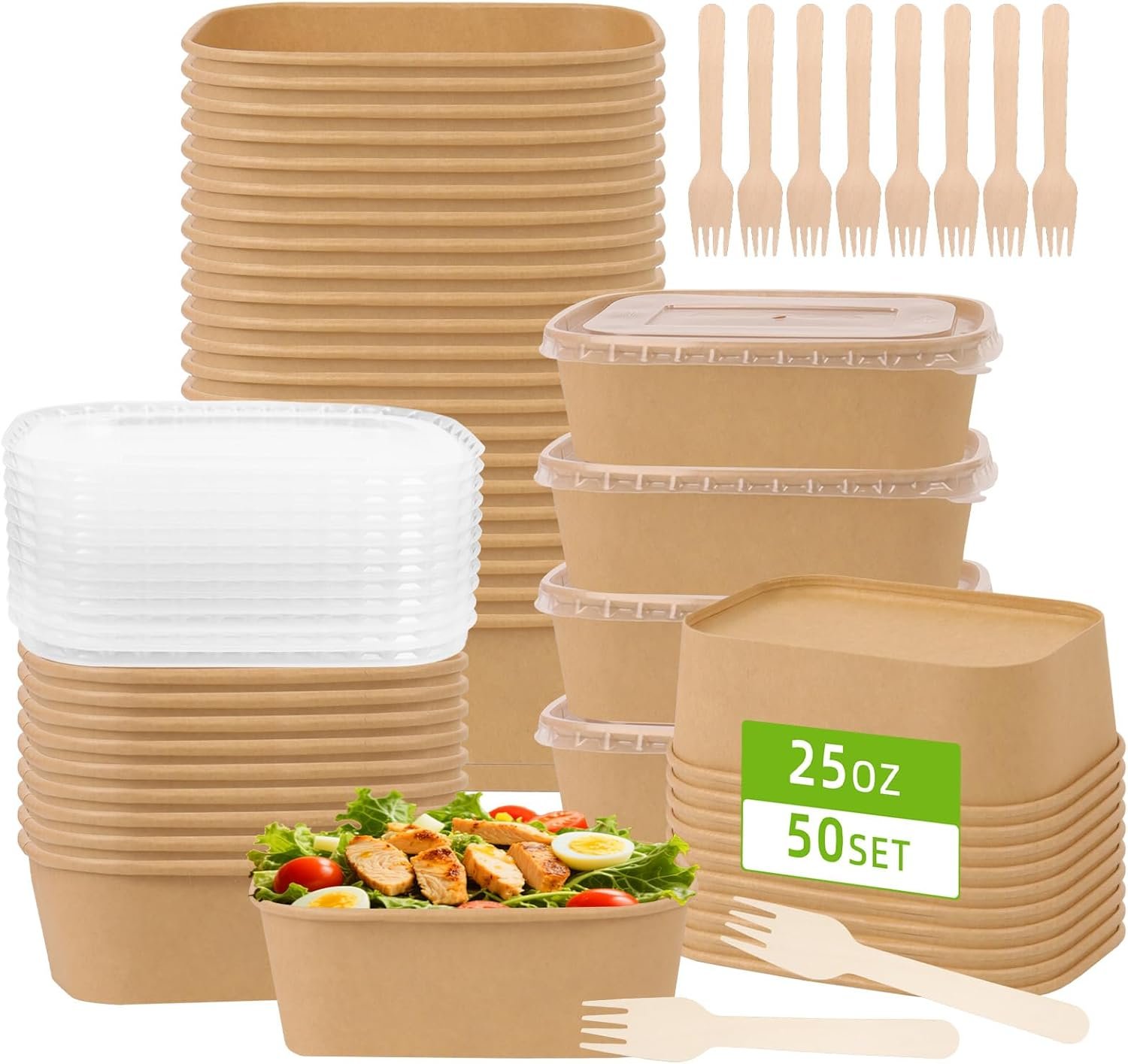 Logo Personalizado 50 Pack de recipientes de papel de 25 oz con tapa, bowls desechables grandes para preparación de comidas, uso en microondas y almacenamiento en el congelador, Fabricante de recipientes de cartón.