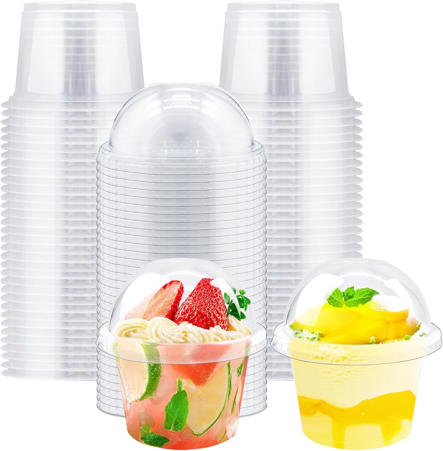 Logo Personalizado 50 Piezas Vasos Plásticos Transparentes de 8 oz con Tapas de Domo (Sin Agujero) para Postres Desechables, Contenedores para Llevar de Helado, Pastel, Fruta, Pudding, Jello Shot, Marca Blanca del Proveedor.