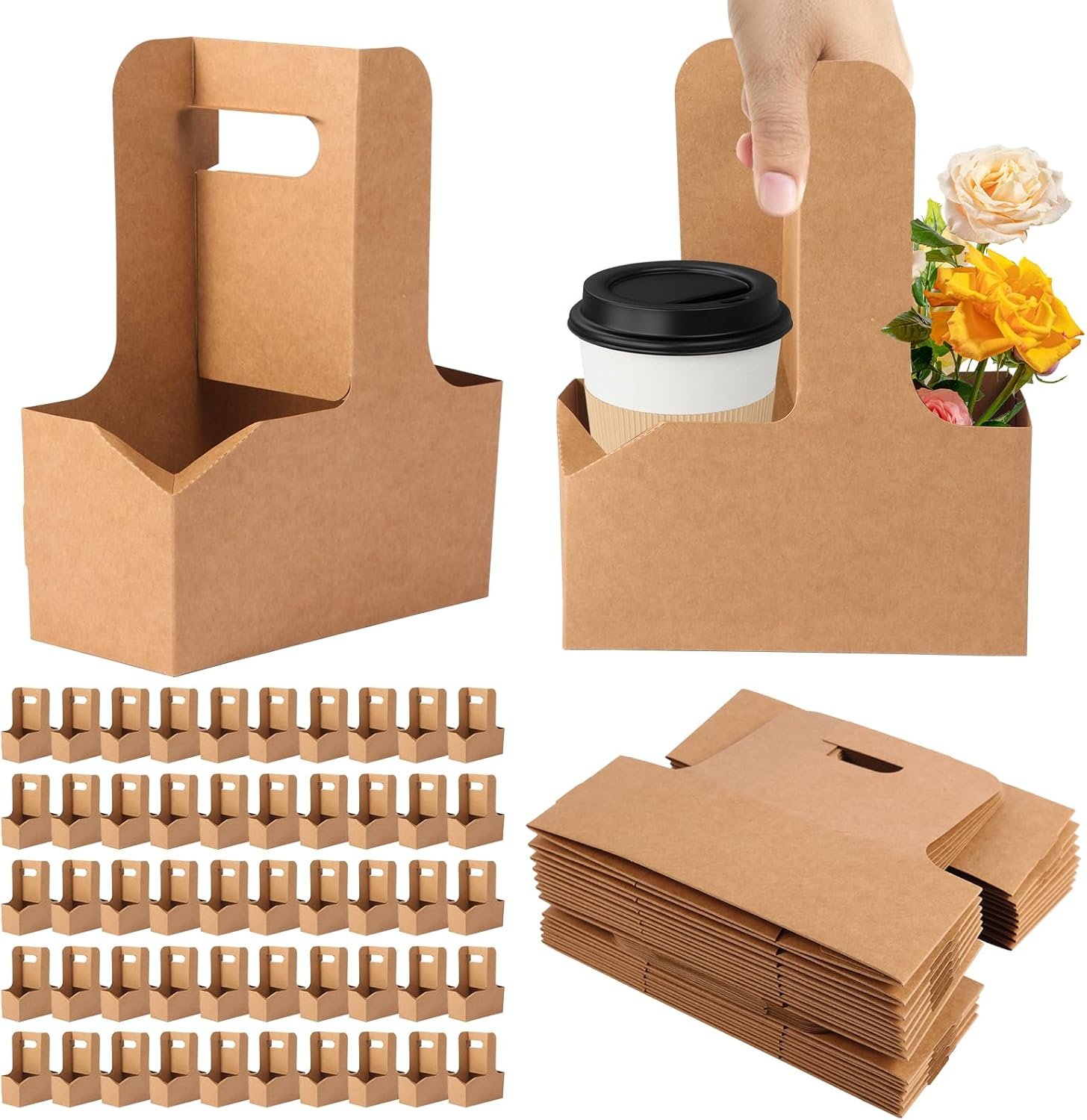 Logo Personalizado 50PCS Soporte Desechable para Bebidas 2 Tazas con Asa, Porta Tazas de Papel Kraft para Bebidas Calientes o Frías, Transportador Portátil de Tazas para Café a Domicilio, Empaque Floral, Proveedor Fábrica.
