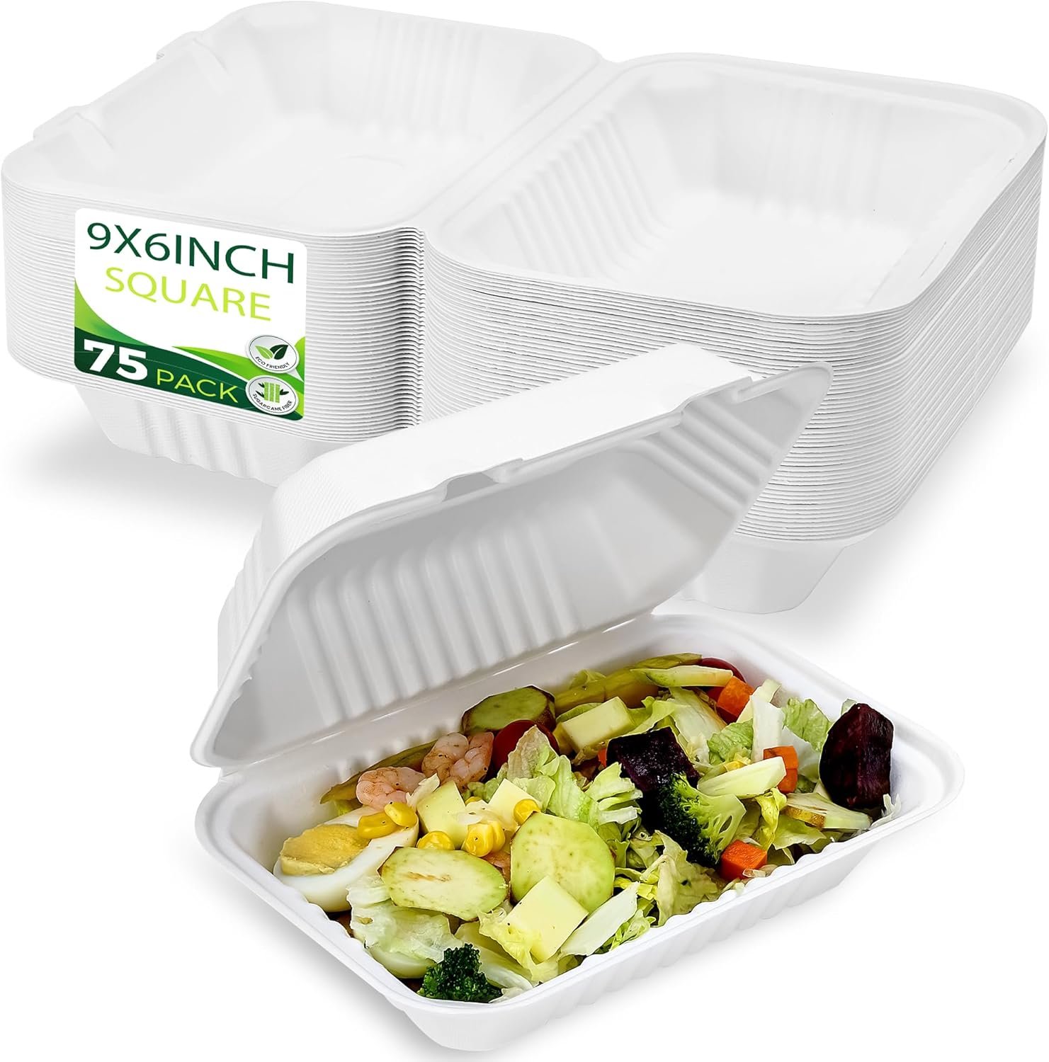 Logo Personalizado 75 Pack de Contenedores para Llevar 9”x6” con Tapas, Extra Resistente, 100% Compostables, Contenedores Clamshell, Proveedor de Cajas para Alimentos, Marca Blanca Logo Personalizado 75 Pack de Contenedores para Llevar 9”x6” con Tapas, Extra Resistente, 100% Compostables, Contenedores Clamshell, Proveedor de Cajas para Alimentos, Marca Blanca