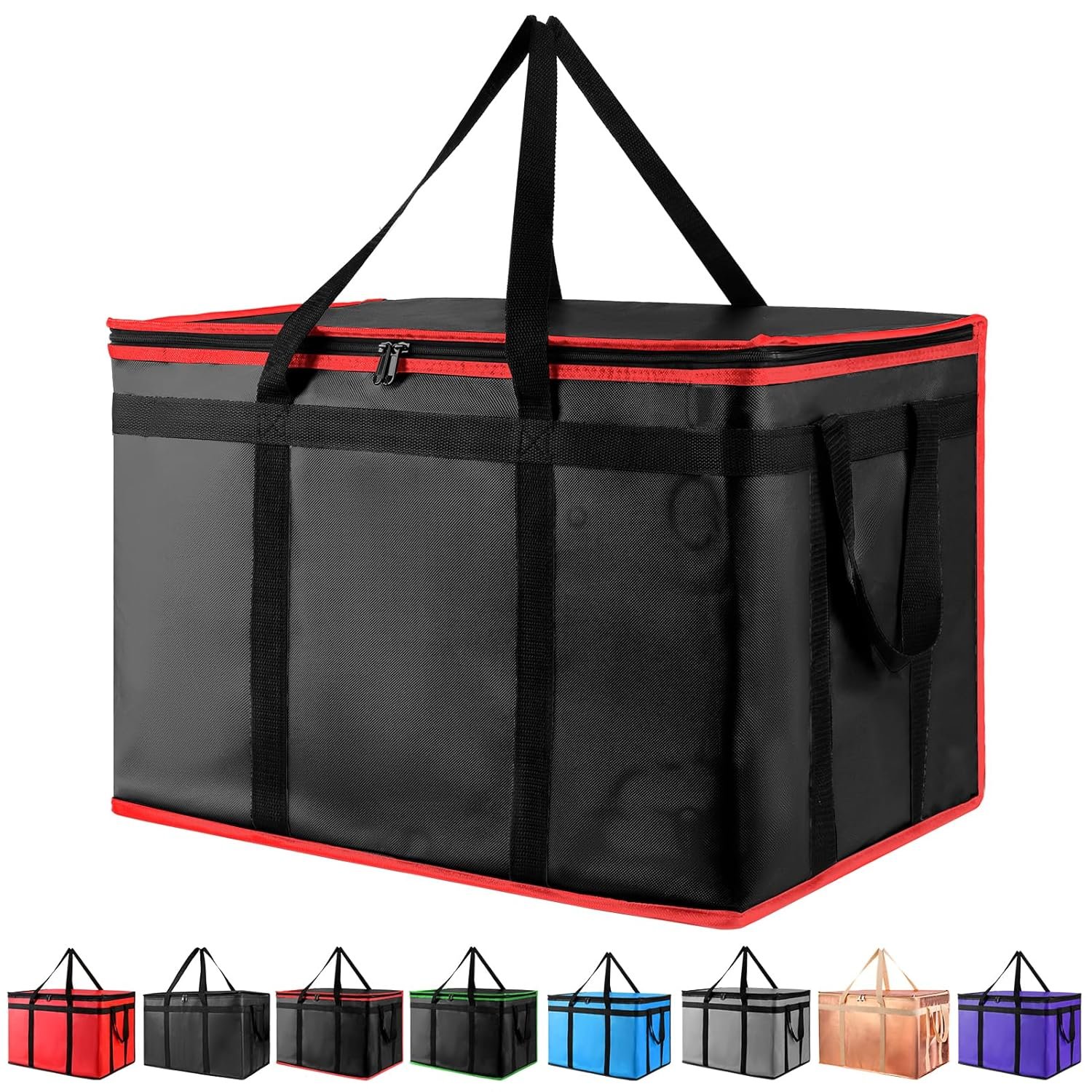 Logo Personalizado Bolsa Térmica de Entrega de Alimentos Reutilizable, Ideal para Catering y Eventos, Con Capacidad Grande para Mantener la Comida Caliente o Fría, Marca Blanca para Empresas, Proveedor de Soluciones Efectivas (Negra con Ribete Rojo, 1PK)