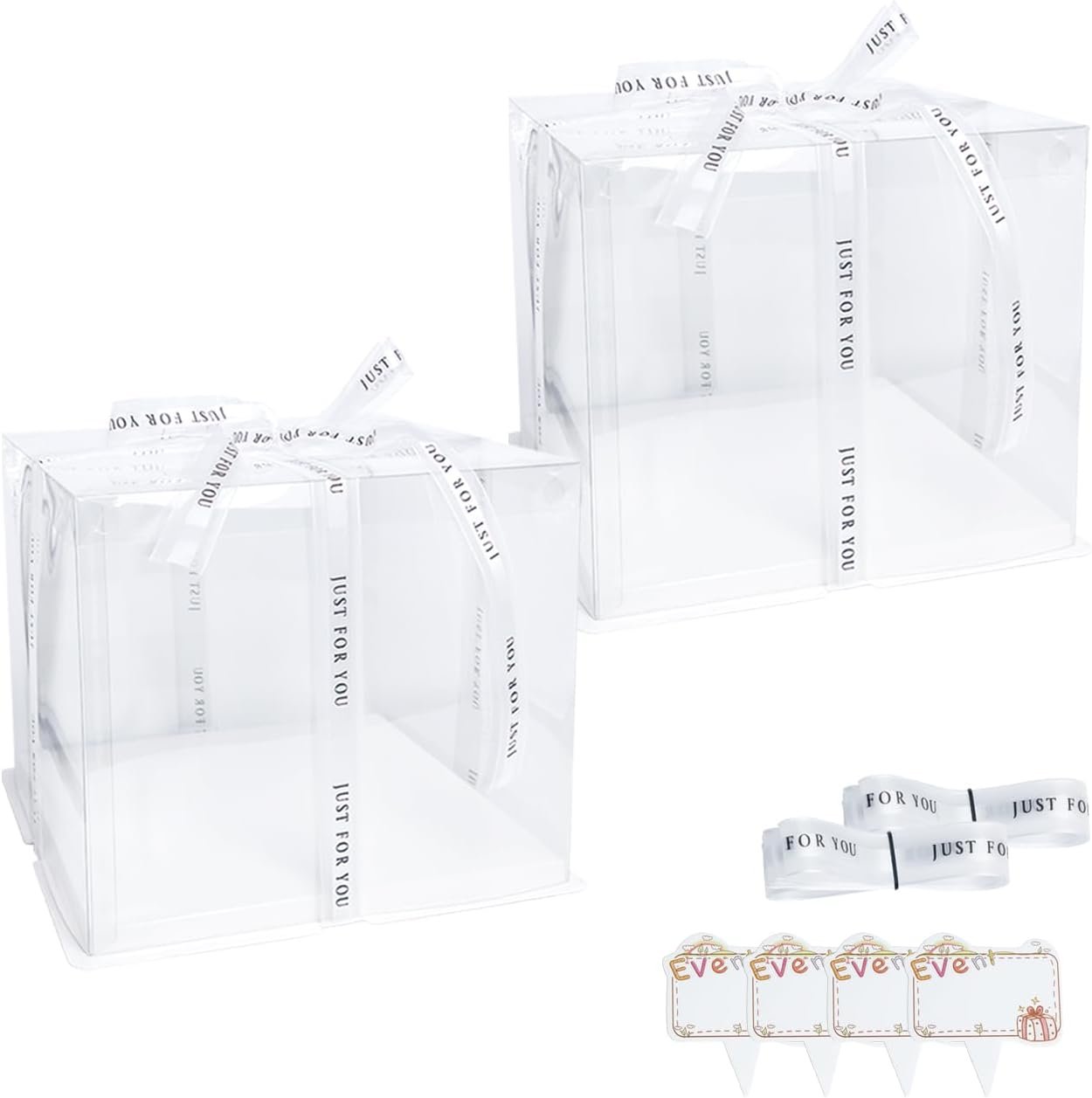 Logo Personalizado - Cajas de Pasteles Cuadradas de 6.5 pulgadas, Paquete de 2, Fácil Ensamblaje con Cinta de Satén de 20 pies y 4 Tarjetas Decorativas, Contenedores de Plástico BPA-Free para Tartas de Boda, Postres de Cumpleaños, Exhibición de Bakery - Proveedor.