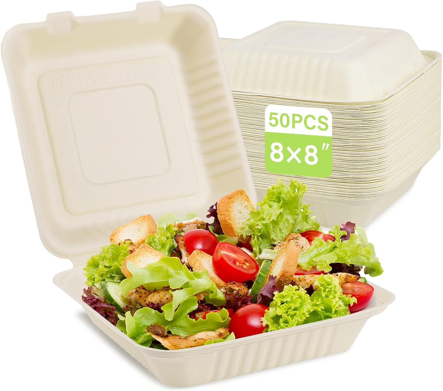 Logo Personalizado Contenedor de Comida para Llevar Compostable 8X8, 50 Pack Cajas de Comida Desechables, Biodegradables y Ecológicas Hechas de Fibras de Caña de Azúcar, Proveedor Especializado.