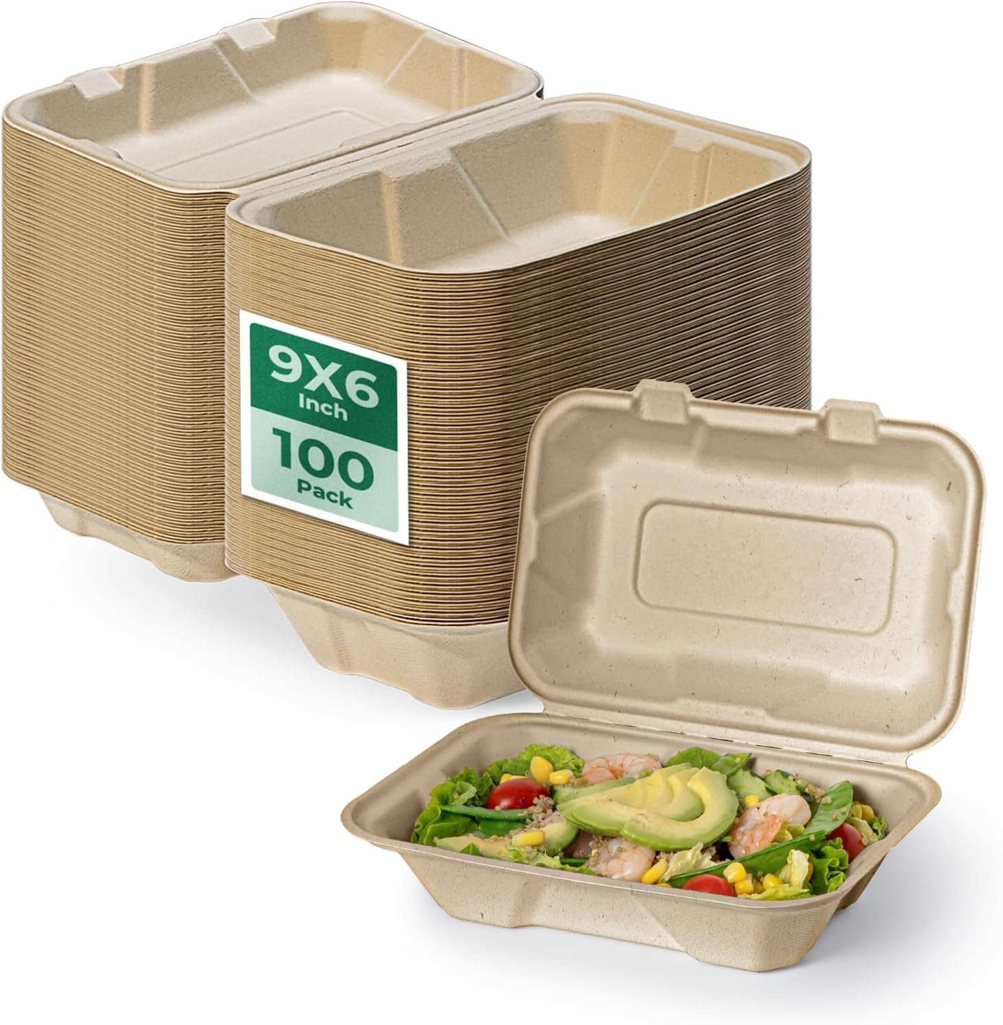 Logo Personalizado Contenedores de Comida 9x6 Compostables para Llevar, Cajas Desechables para Alimentos, Almuerzos, Clamshell para Llevar con Tapa, Ecológicos y Biodegradables, Marca Blanca Proveedor.