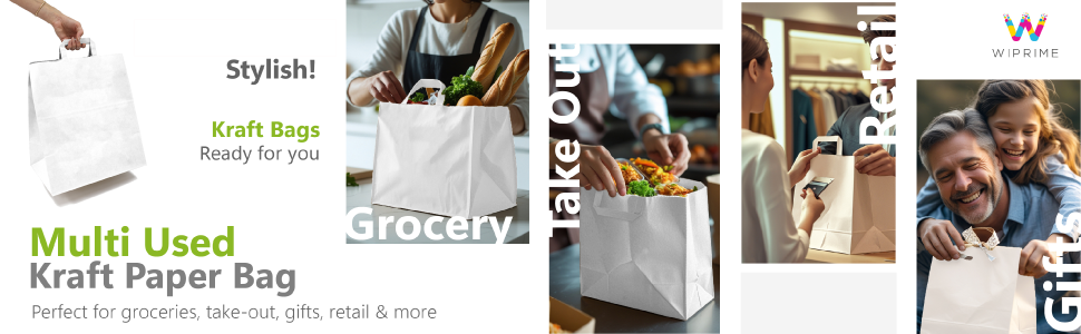 Logo Personalizado - Pack de 100 bolsas de papel kraft blancas para llevar con asas planas – 13.3 x 7.8 x 15.75 pulgadas – Resistente y perfecto para restaurantes, delivery de comida, retail y catering - Proveedor.