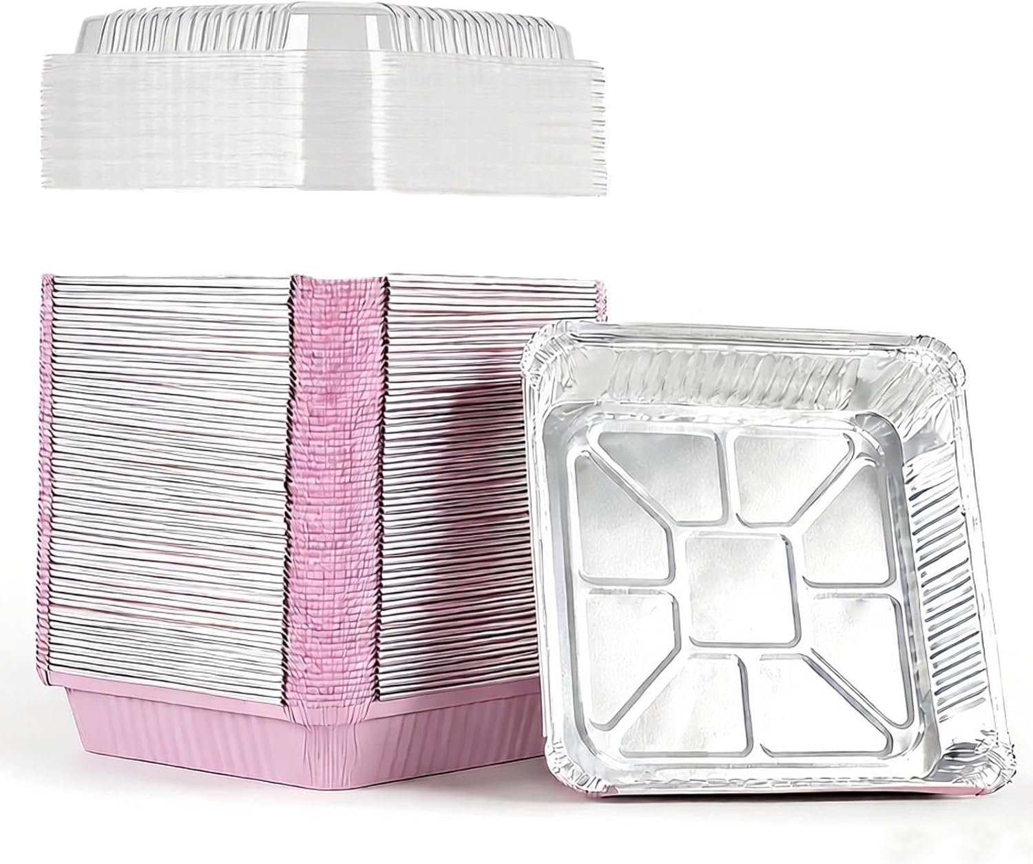 Logo Personalizado Paquetes de 40 bandejas de aluminio cuadradas de 8x8 con tapas transparentes - Sartenes de papel de aluminio rosa desechables ideales para cocinar, calentar, almacenar y preparar alimentos - Fabricante de envases desechables. Logo Personalizado Paquetes de 40 bandejas de aluminio cuadradas de 8x8 con tapas transparentes - Sartenes de papel de aluminio rosa desechables ideales para cocinar, calentar, almacenar y preparar alimentos - Fabricante de envases desechables.
