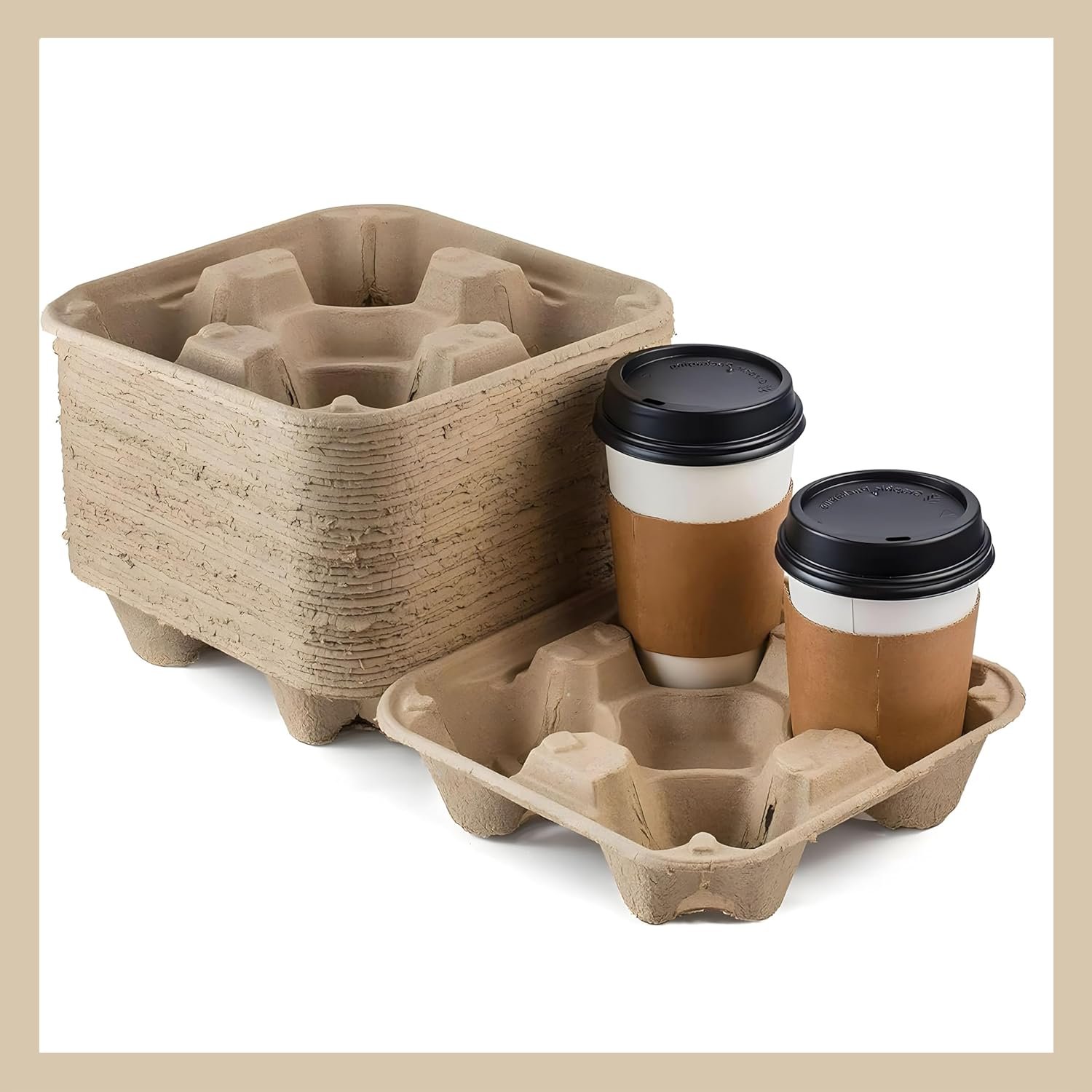 Logo Personalizado Portavasos de 4 Compartimentos [Paquete de 25], Bandeja Ecológica Biodegradable Sin Derrames para Bebidas Calientes y Frías, Uso para Delivery de Comida, Proveedor de Productos (25 Pack, 4 Tazas).