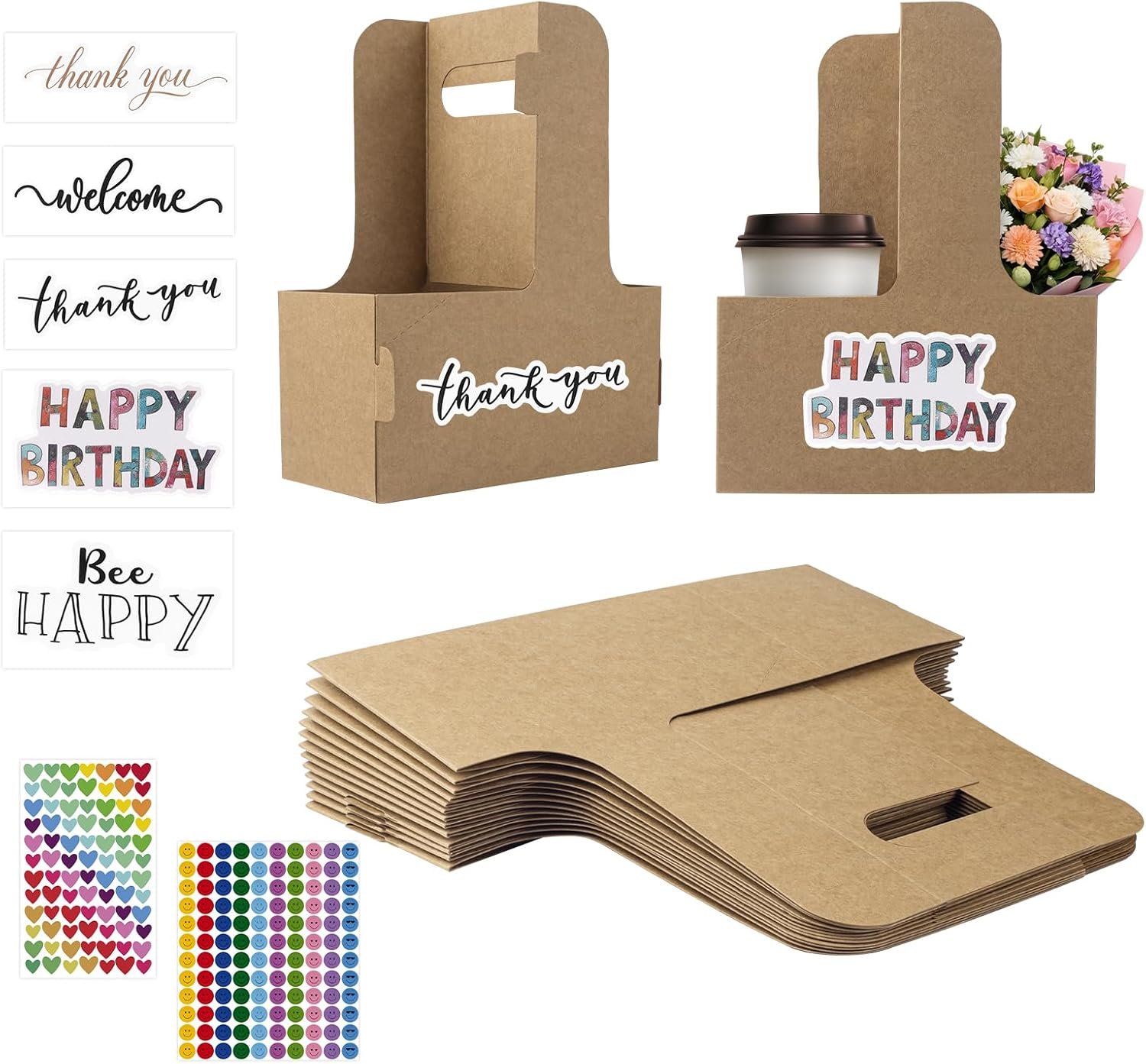 Logo Personalizado Portavasos de Cartón Kraft para 2 Tazas, 30 Pcs con Asa y 30 Stickers de Feliz Cumpleaños, Portadora Desechable de Bebidas, Fábrica de Soluciones para Café y Comida para Llevar. Logo Personalizado Portavasos de Cartón Kraft para 2 Tazas, 30 Pcs con Asa y 30 Stickers de Feliz Cumpleaños, Portadora Desechable de Bebidas, Fábrica de Soluciones para Café y Comida para Llevar.
