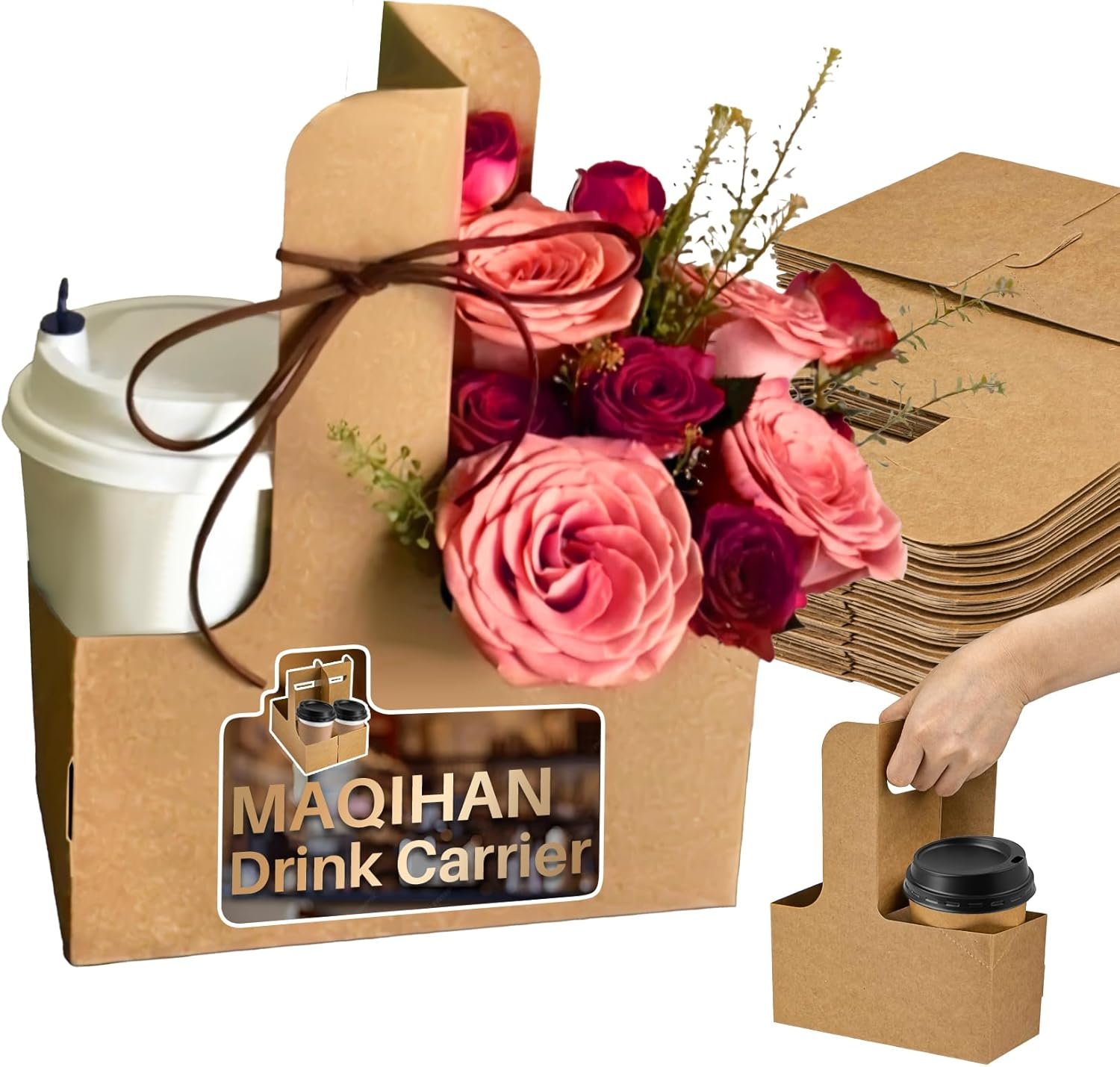 Logo Personalizado Soporte para Bebidas de Doble Taza con Asa - 12 Piezas Portátiles de Cartón Desechable para Café, Porta Bebidas para Entregas de Comida y Bebidas Calientes/Frias - Proveedor