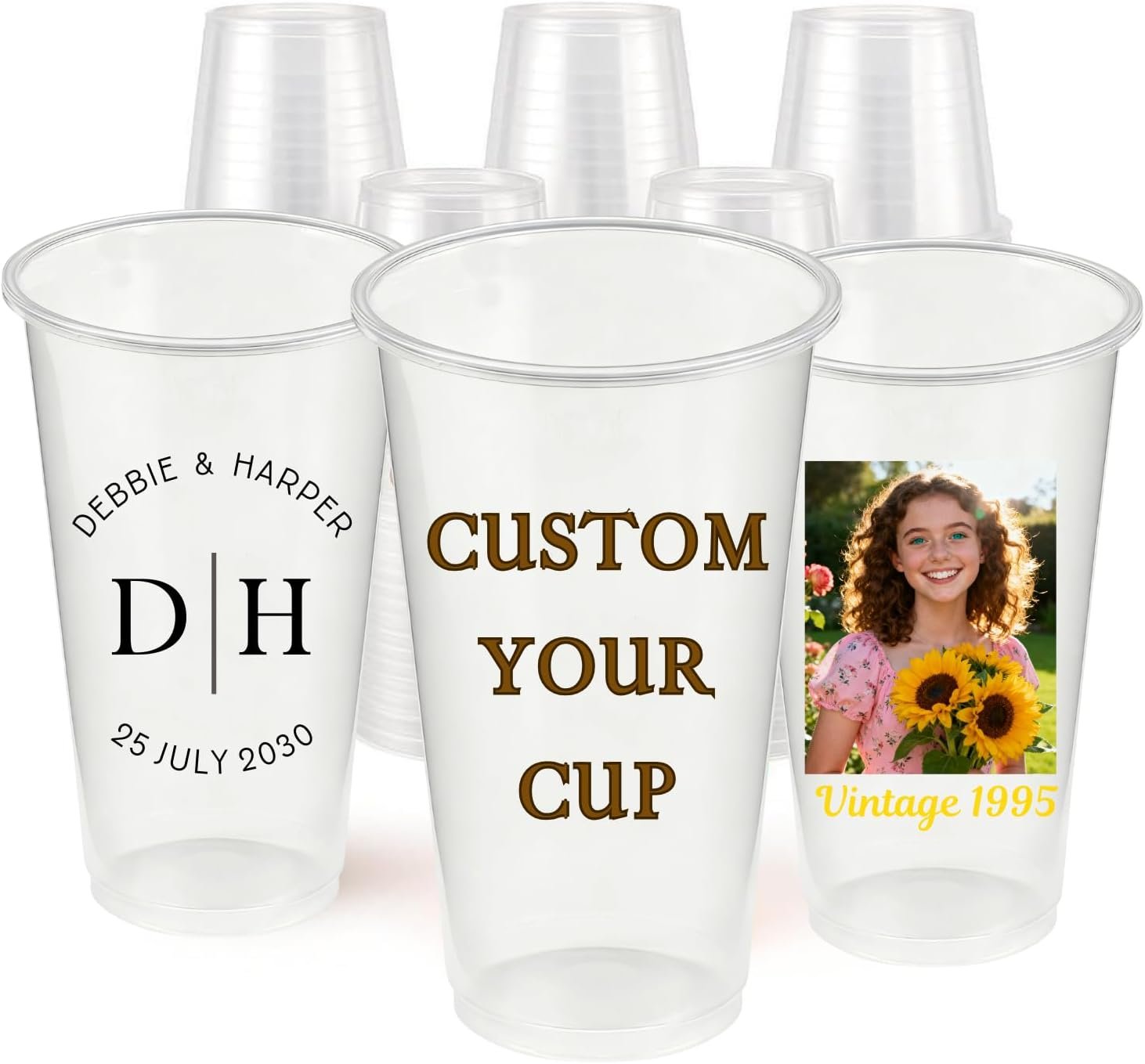 Logo Personalizado Taza de Plástico Desechable Clara para Bodas, Personalizada con Nombre y Foto, ideal para Café, Milshake, Bebidas Frías y Smoothies, Proveedor de Fábrica.