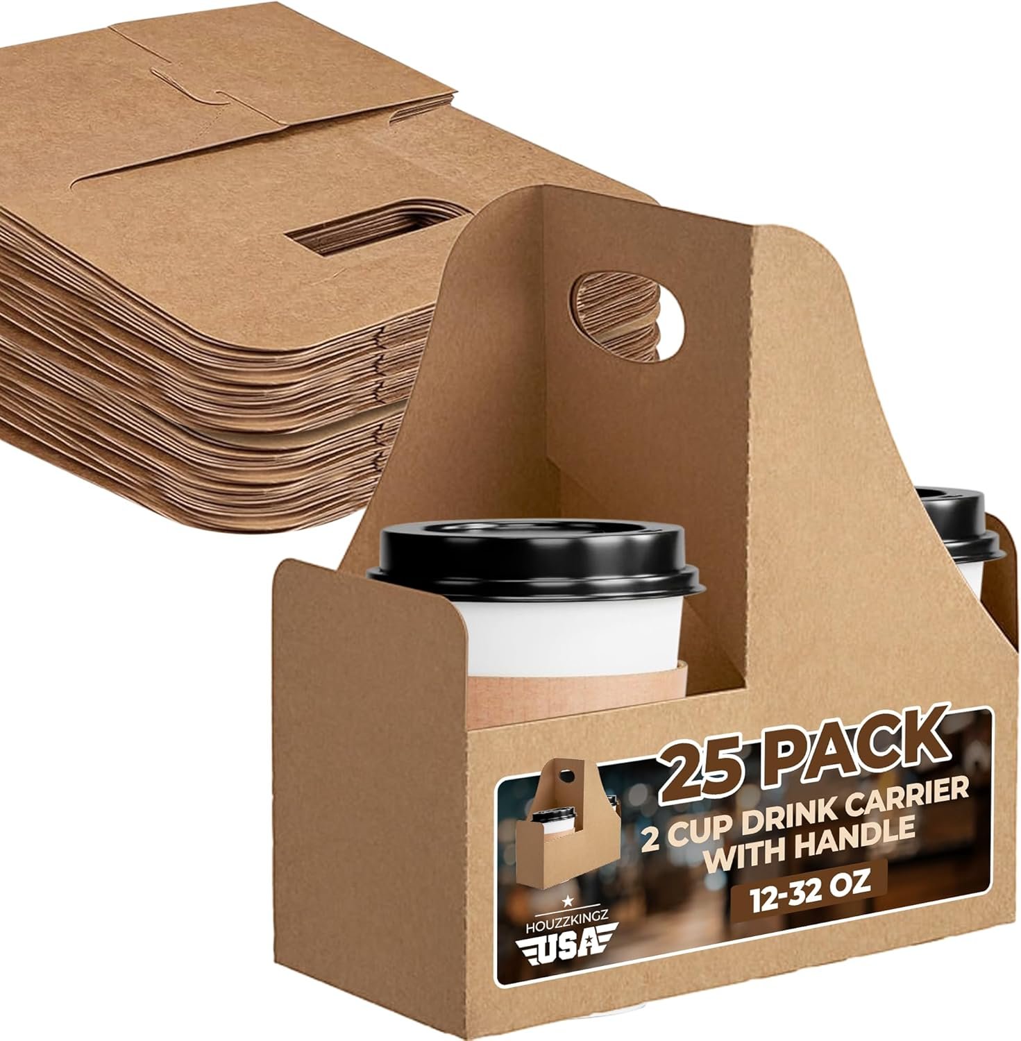 Logo Personalizado Transportador de Bebidas de 2 Tazas con Asa [25 Pack] Caddy Portátil para Bebidas | Soportes Desechables para Bebidas - Transportador para Entregas | Proveedor de Portavasos para Café con Asa