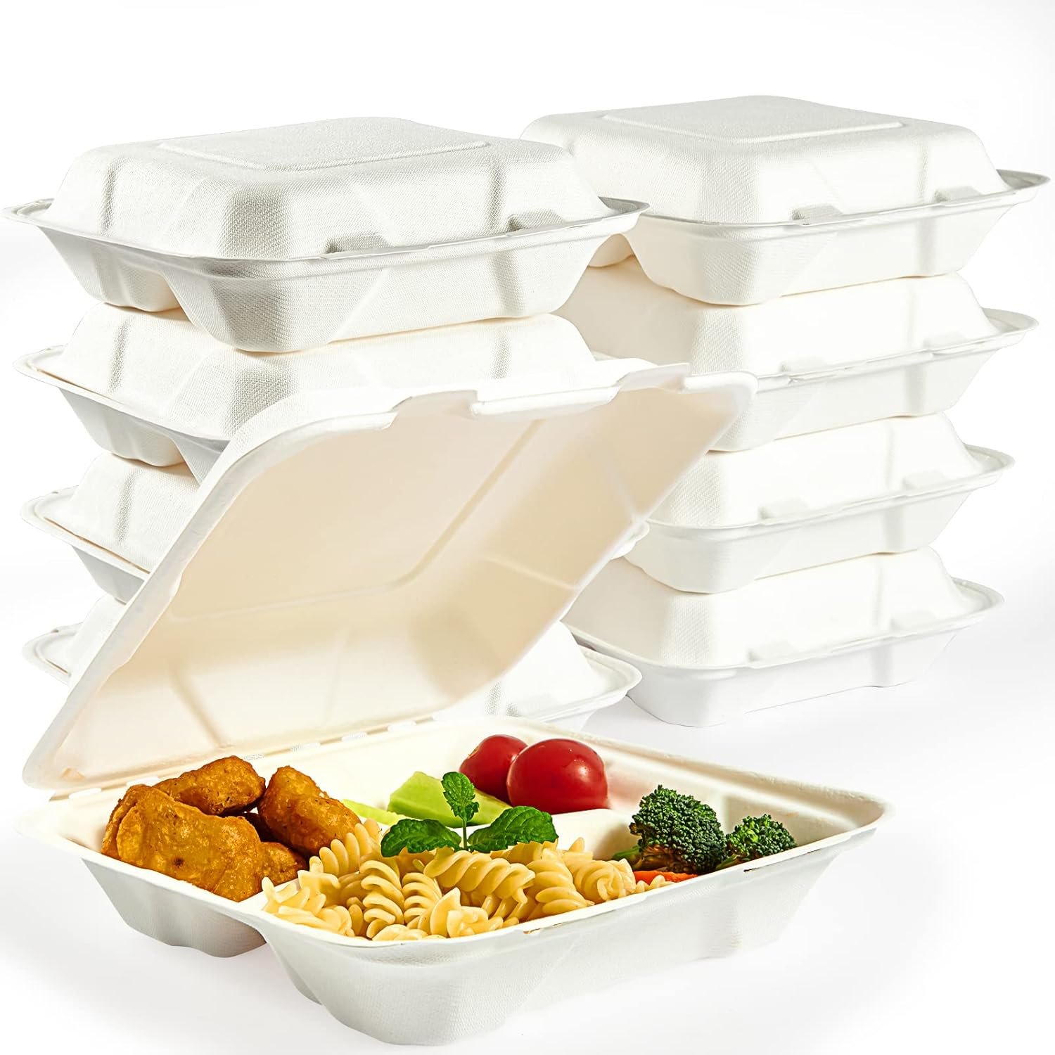 Logo Personalizado envases de comida desechables compostables 100% ecológicos, pack de 90, 8 pulgadas x 8 pulgadas, con 3 compartimentos, ideales para almuerzos al día siguiente y fiestas, Proveedor de soluciones sostenibles.