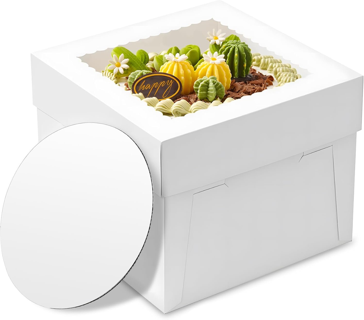 Logo Personalizado para Cajas de Pastel, Pack de 3 Cajas Altas de 10x10x8 Pulgadas con Ventana de Visualización, Base para Pasteles y Stickers, Marca Blanca para Cumpleaños, Bodas y Banquetes, Proveedor de Calidad.