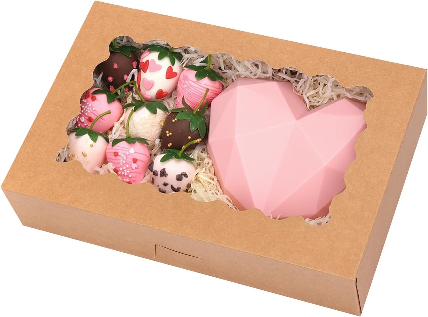 Logo Personalizado para Cajas de Pastelería de 15 piezas, 12x8x2.5 pulgadas, cajas para galletas auto-pop-up con ventanas ideales para fresas cubiertas de chocolate, donuts y pasteles, Fábrica de soluciones de embalaje.