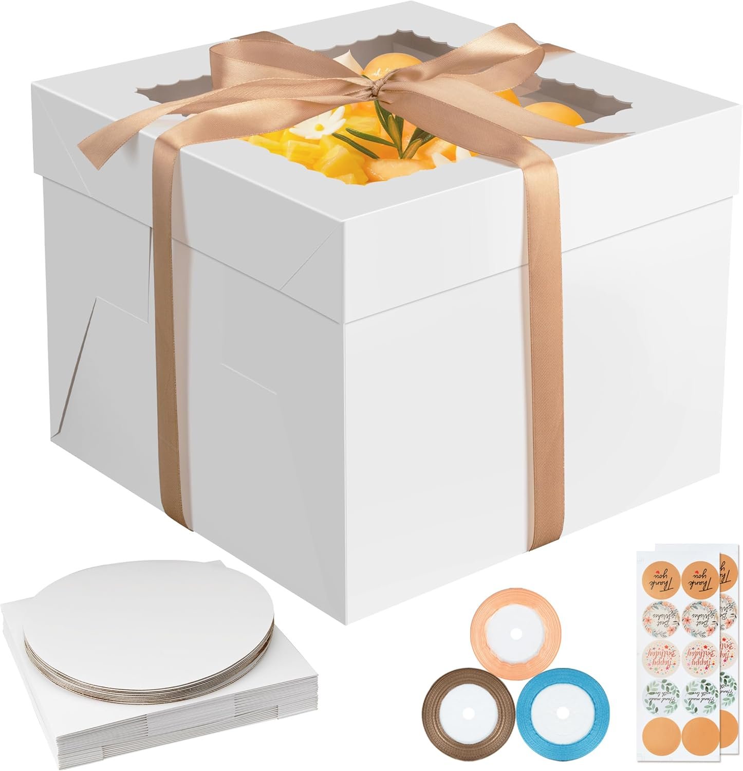 Logo Personalizado para Cajas de Pasteles, 40PCS Cajas para Pasteles de 10 pulgadas con Ventana (20 Cajas y 20 Tableros), incluye Cintas y Etiquetas, Caja desechable para Pastelería de 10x10x8 pulgadas para Galletas, Tartas y Cumpleaños, Marca Blanca del Proveedor.