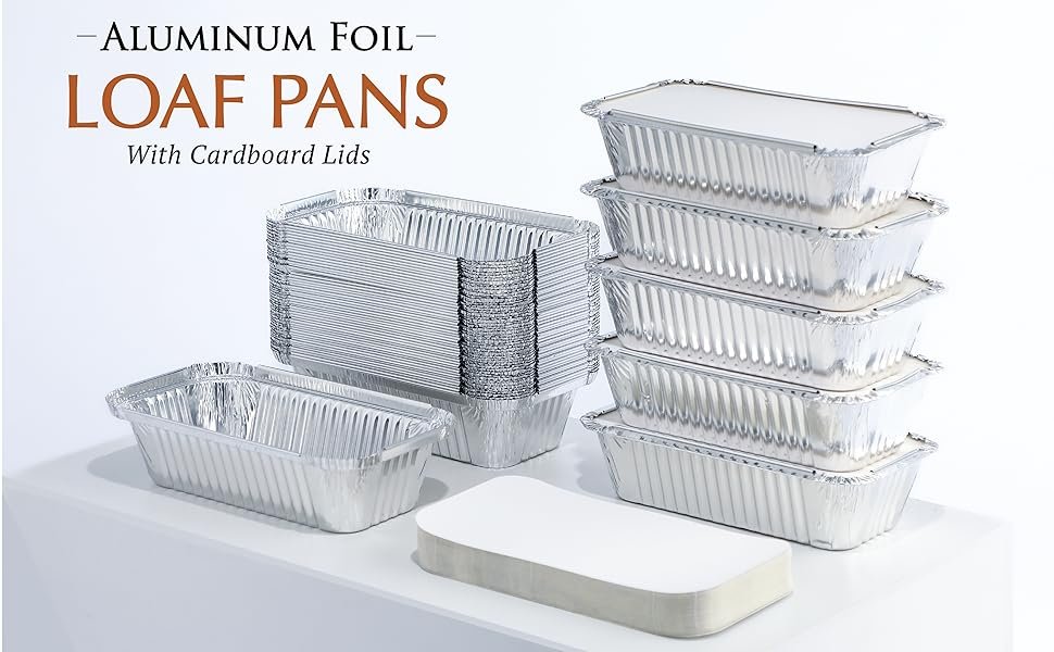 Logo Personalizado para bandejas de pan de aluminio desechables de 1.5 lb con tapa, ideal para pastelería y lunch, empaques de un solo uso, Fábrica de recipientes de aluminio, tamaño 7.8 x 4.3 x 2 pulgadas, Marca Blanca.