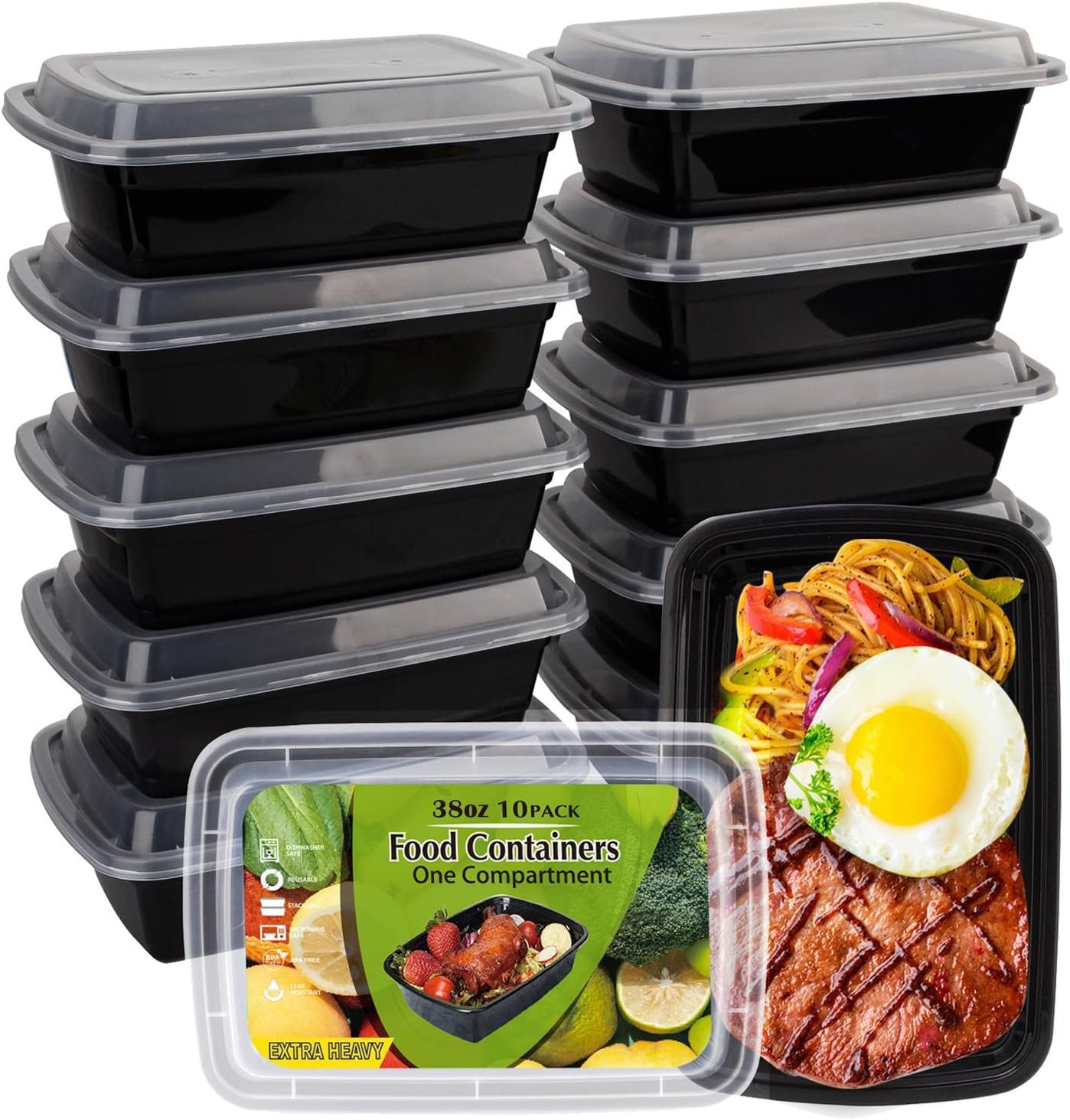 Logo Personalizado para envases de preparación de comidas, 10-pack de contenedores de plástico reutilizables de 38 oz con tapa, aptos para microondas, lavavajillas y congelador, Marca Blanca de contenedores desechables, Proveedor de soluciones de almacenamiento.