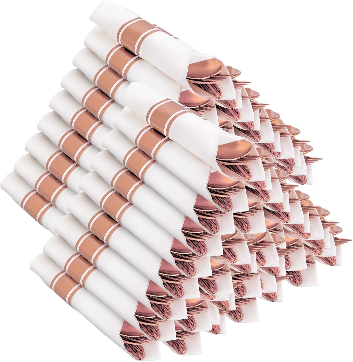 Sets de Cubiertos Desechables de 400 Piezas - Incluye 100 Utensilios Envueltos con Servilletas - Marca Blanca de Cubiertos de Plástico Rosa Oro para Fiestas y Bodas, Proveedor Fuerte de Utensilios.