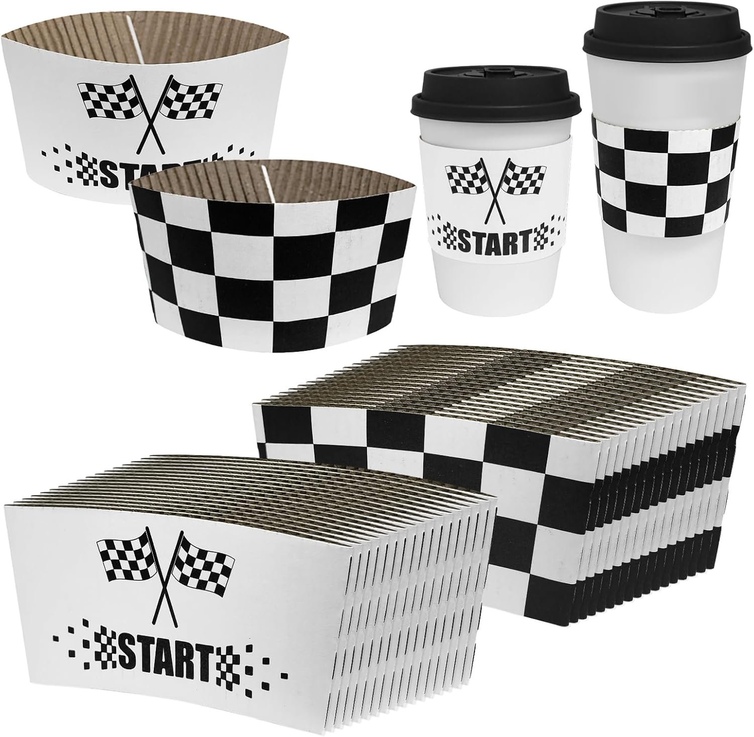 Sleeves de café desechables a cuadros para fiesta de carreras con logo personalizado, 50 unidades, protección aislante para bebidas calientes de 8-24 oz, fabricados por un proveedor.