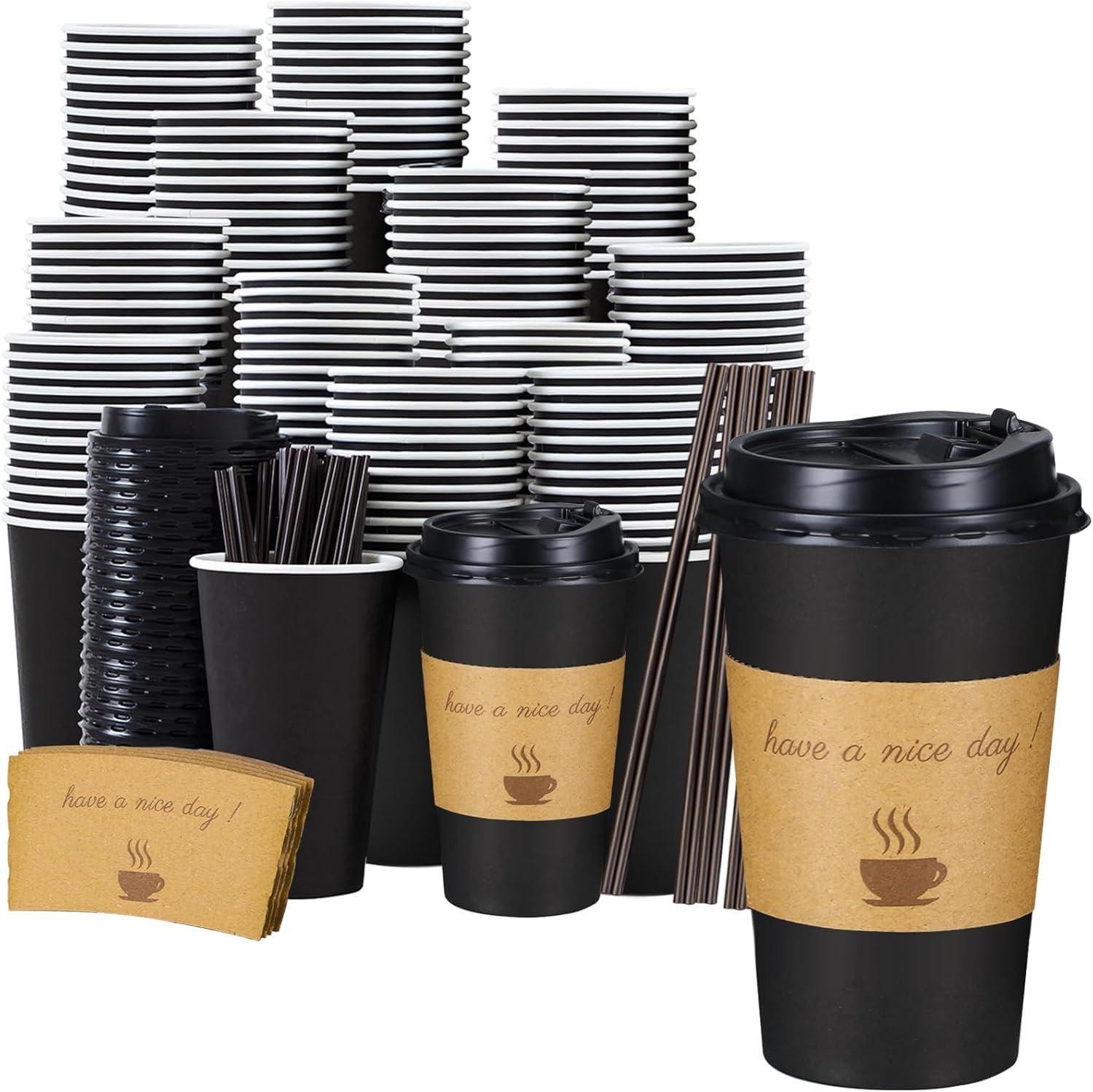 Tazas de café desechables de 16 oz con tapa, palillos y mangas, logo personalizado, 50 unidades, marca blanca, proveedor de tazas de papel negro para llevar, hogar, viaje y oficina. Tazas de café desechables de 16 oz con tapa, palillos y mangas, logo personalizado, 50 unidades, marca blanca, proveedor de tazas de papel negro para llevar, hogar, viaje y oficina.