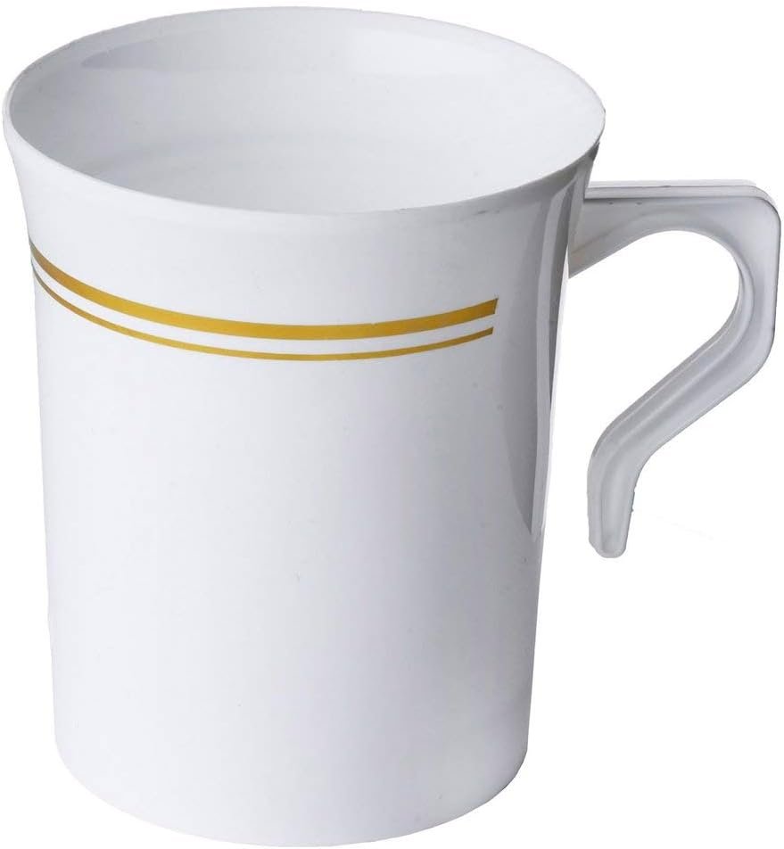 Tazas de café desechables de plástico blanco de 8 oz con trim dorado y asa | Marca blanca con logo personalizado, ideal para té, capuchino, espresso (paquete de 50) de Fábrica.