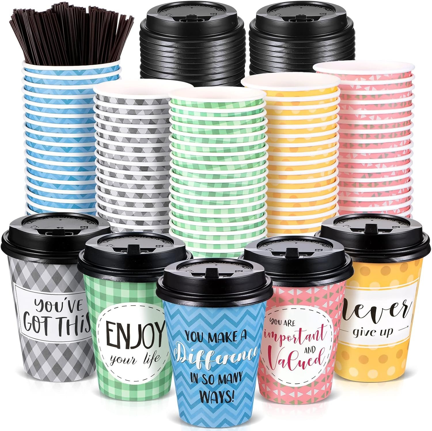 Tazas de café desechables personalizadas con tapa y pajitas, 100 unidades, estilo fresco para agua, jugos, café y té, ideales para el hogar y cafeterías, Marca blanca de Fábrica.