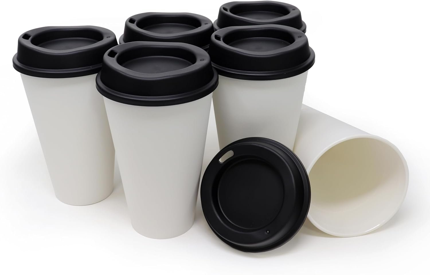 Tazas de café reutilizables de 16 oz con tapa 6 Pk, ideales para bebidas calientes o frías, aptas para lavavajillas y microondas, con logo personalizado, envases de marca blanca, proveedor de tazas blancas con tapas negras.