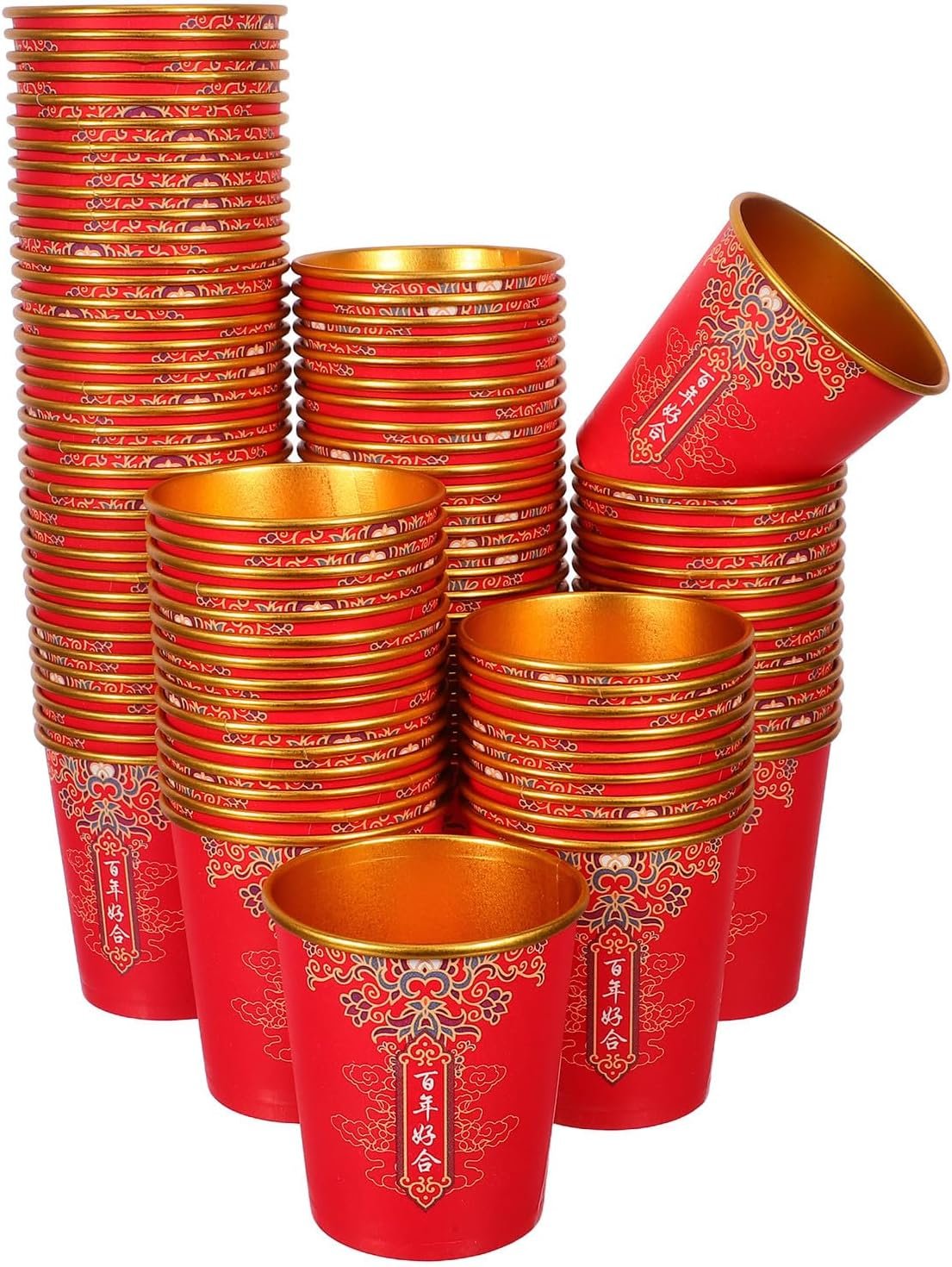 Tazas de papel desechables personalizadas con logo para bodas chinas, perfectas para el té y el café, ideales para decoración de fiestas y banquetes. Calidad garantizada del fabricante, paquete de 100 piezas en color rojo y dorado.