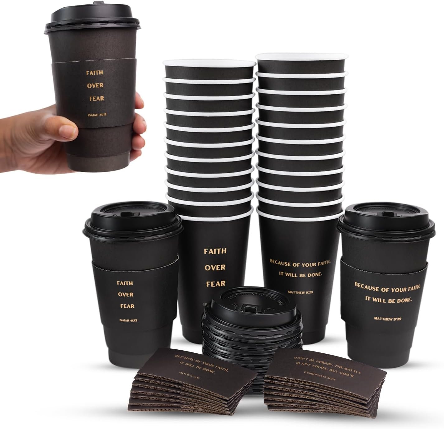 Tazas desechables de 16 oz con versos bíblicos, tazas de café motivacionales cristianas y católicas, con tapa y mangas, marca blanca, personalizadas con logo, Proveedor de tazas aisladas de doble pared. Tazas desechables de 16 oz con versos bíblicos, tazas de café motivacionales cristianas y católicas, con tapa y mangas, marca blanca, personalizadas con logo, Proveedor de tazas aisladas de doble pared.
