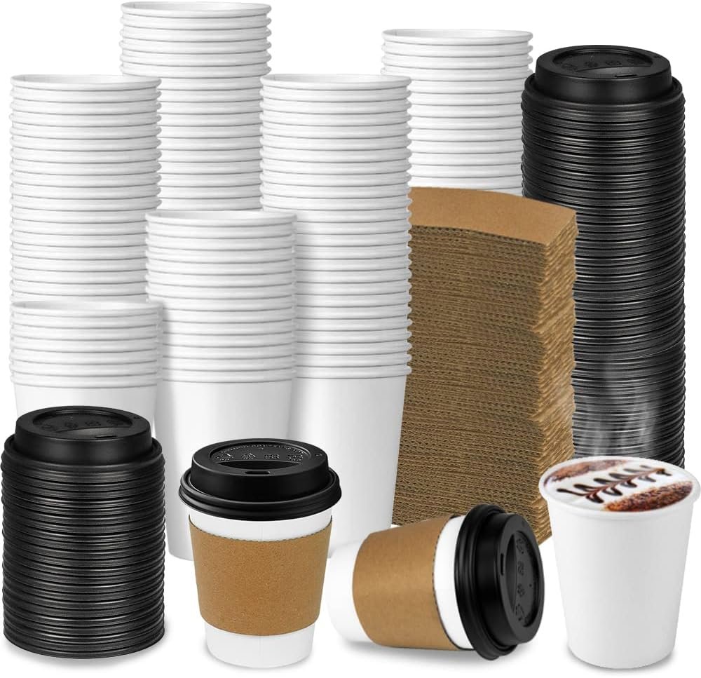 Tazas desechables de café gruesas de 8 oz con tapa y manguito, 100 unidades, ideales para café caliente, chocolate y cocoa, Proveedor de vasos personalizados con logo para marca blanca.